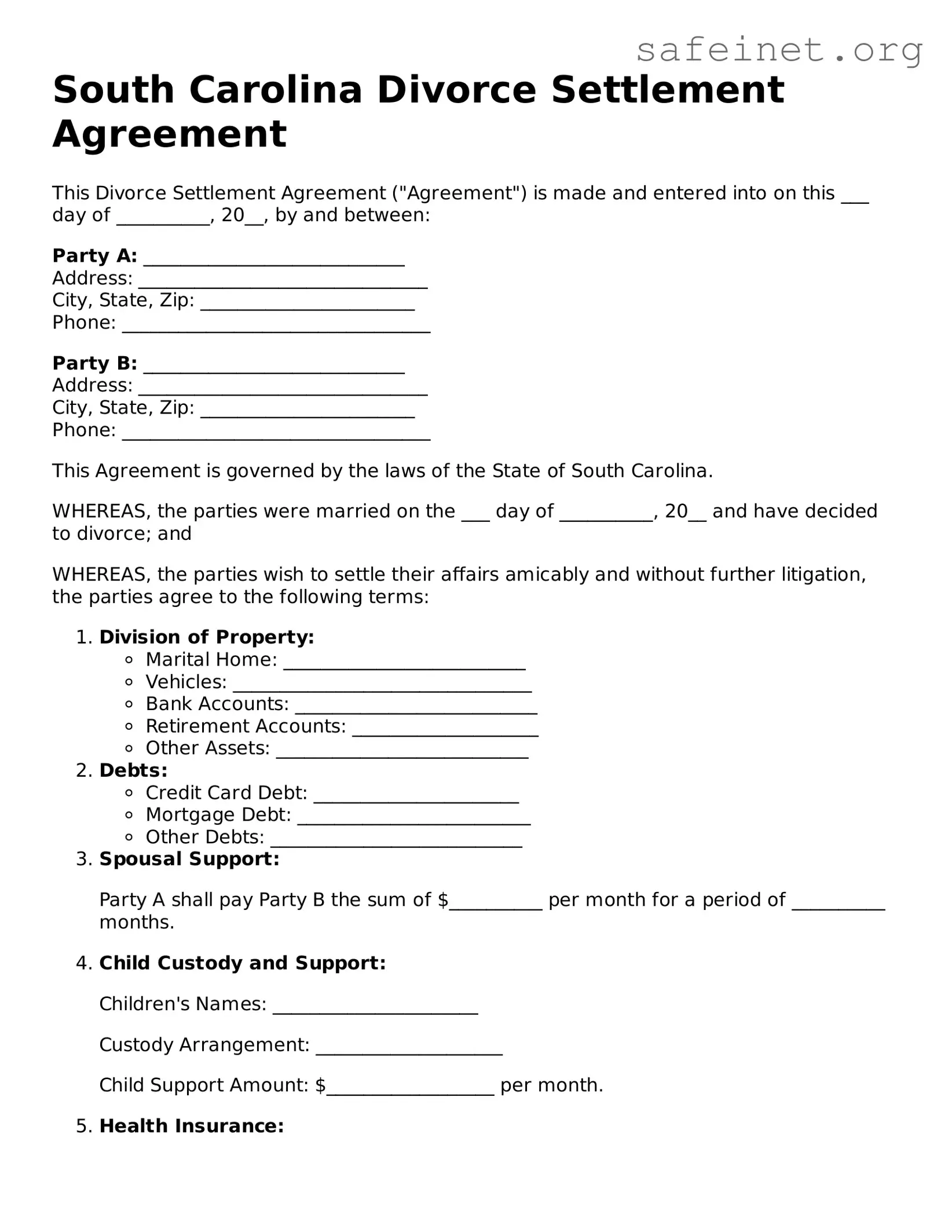 Valid Divorce Settlement Agreement Template for the State of South Carolina