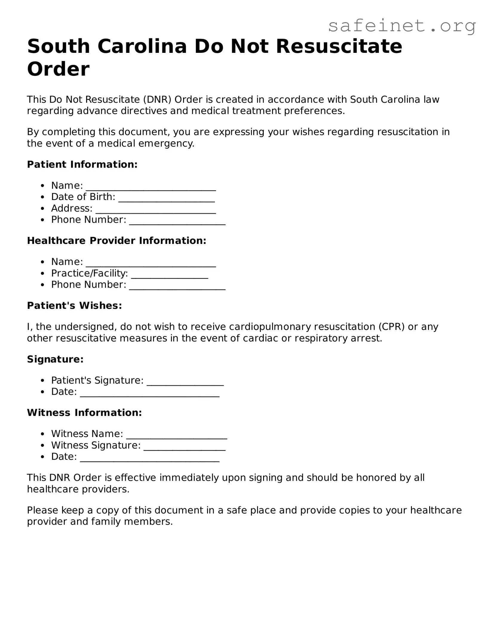 Valid Do Not Resuscitate Order Template for the State of South Carolina