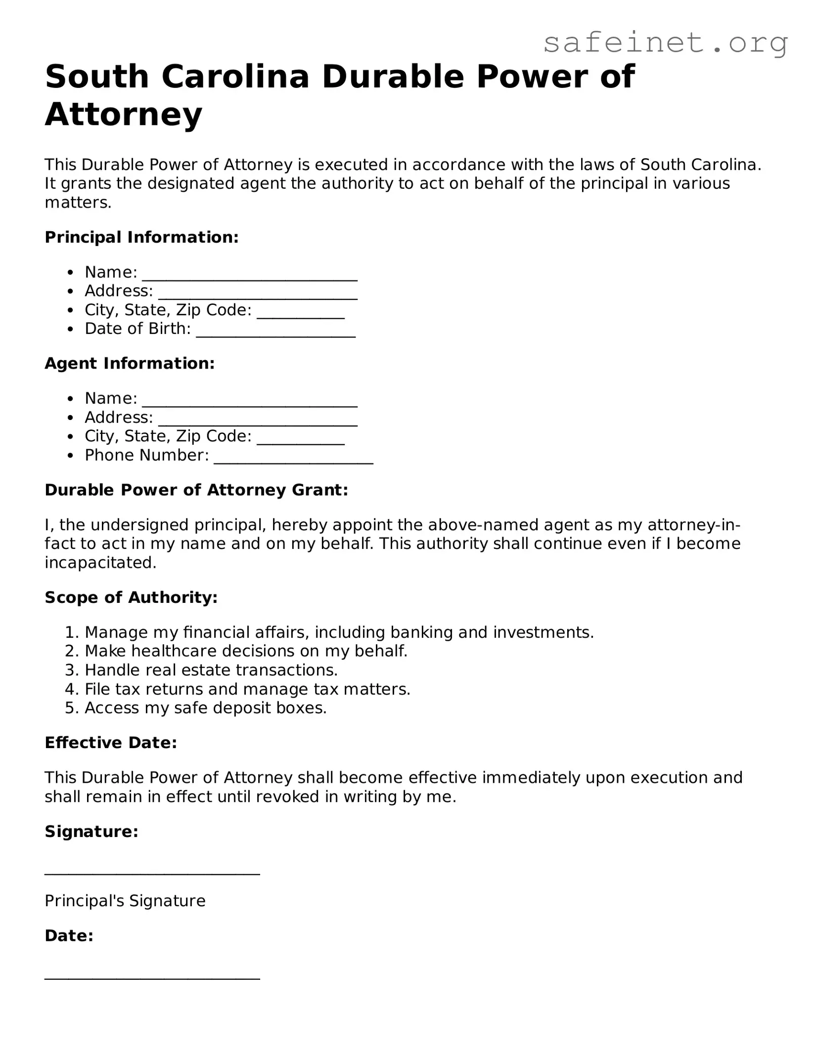 Valid Durable Power of Attorney Template for the State of South Carolina