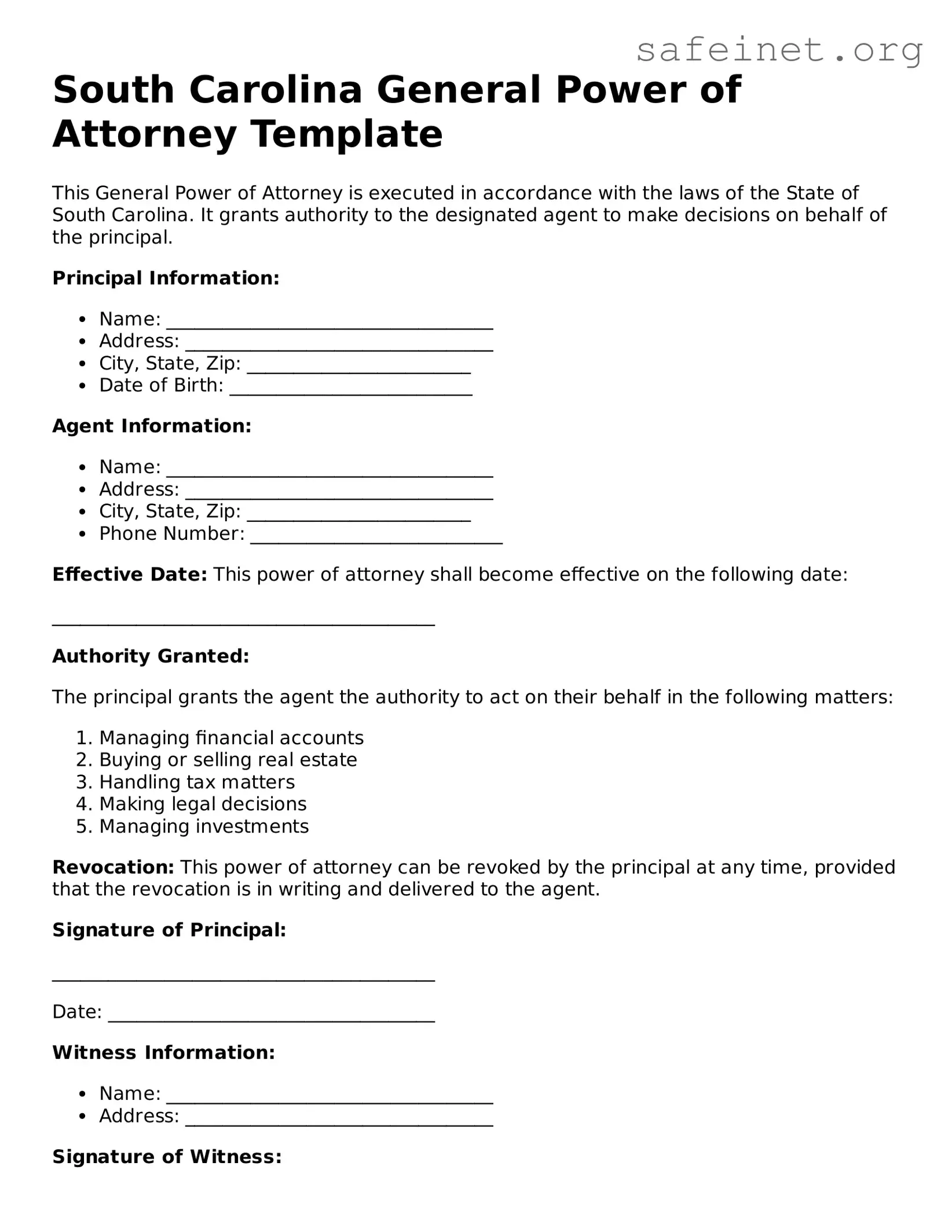 Valid General Power of Attorney Template for the State of South Carolina