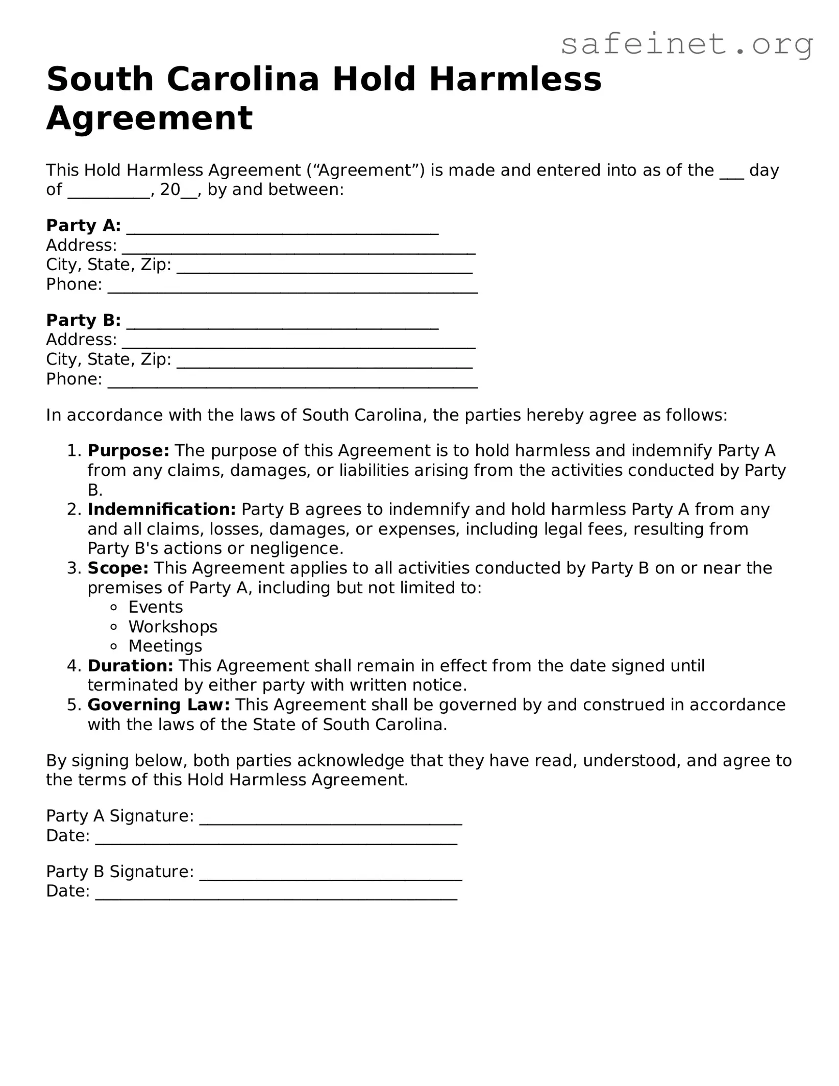 Valid Hold Harmless Agreement Template for the State of South Carolina