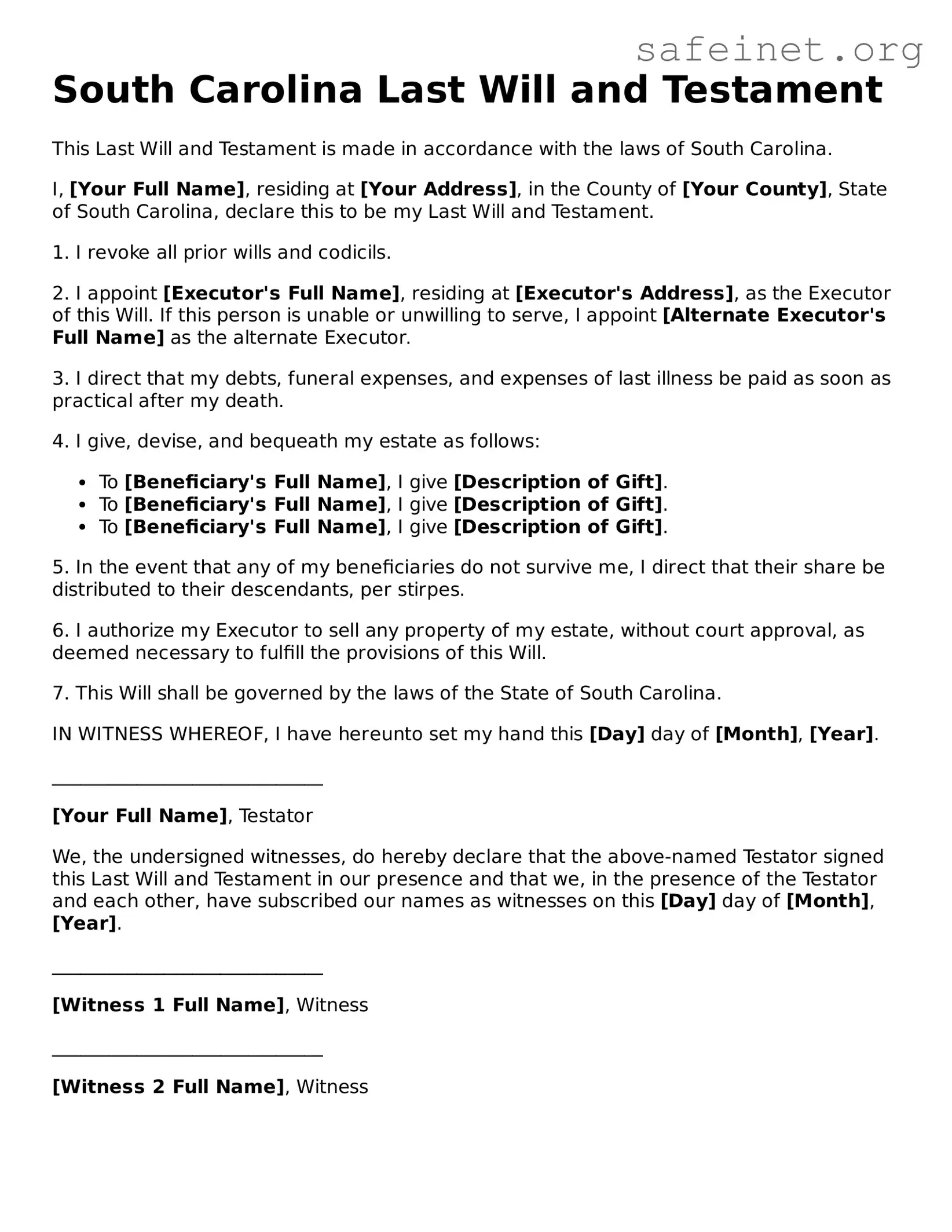 Valid Last Will and Testament Template for the State of South Carolina