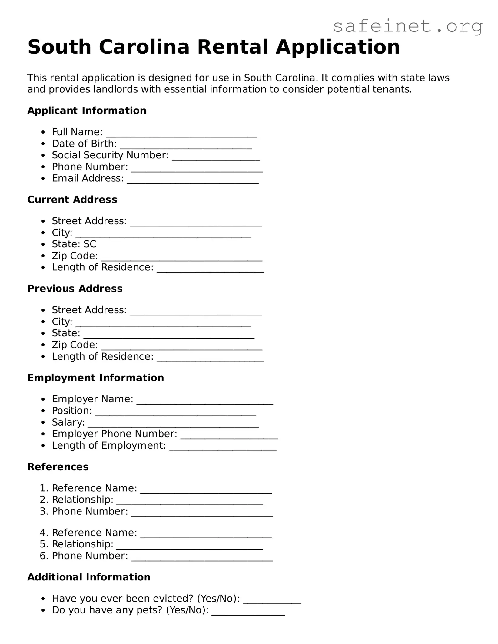 Valid Rental Application Template for the State of South Carolina