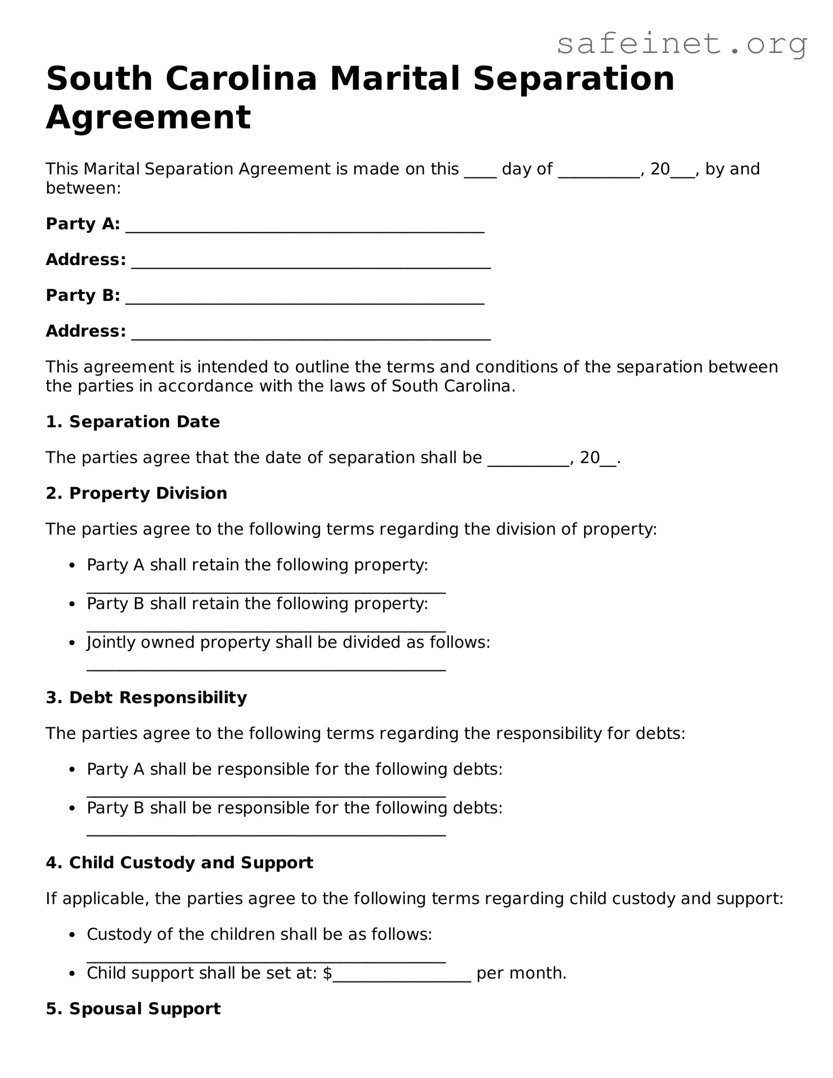 Valid Marital Separation Agreement Template for the State of South Carolina