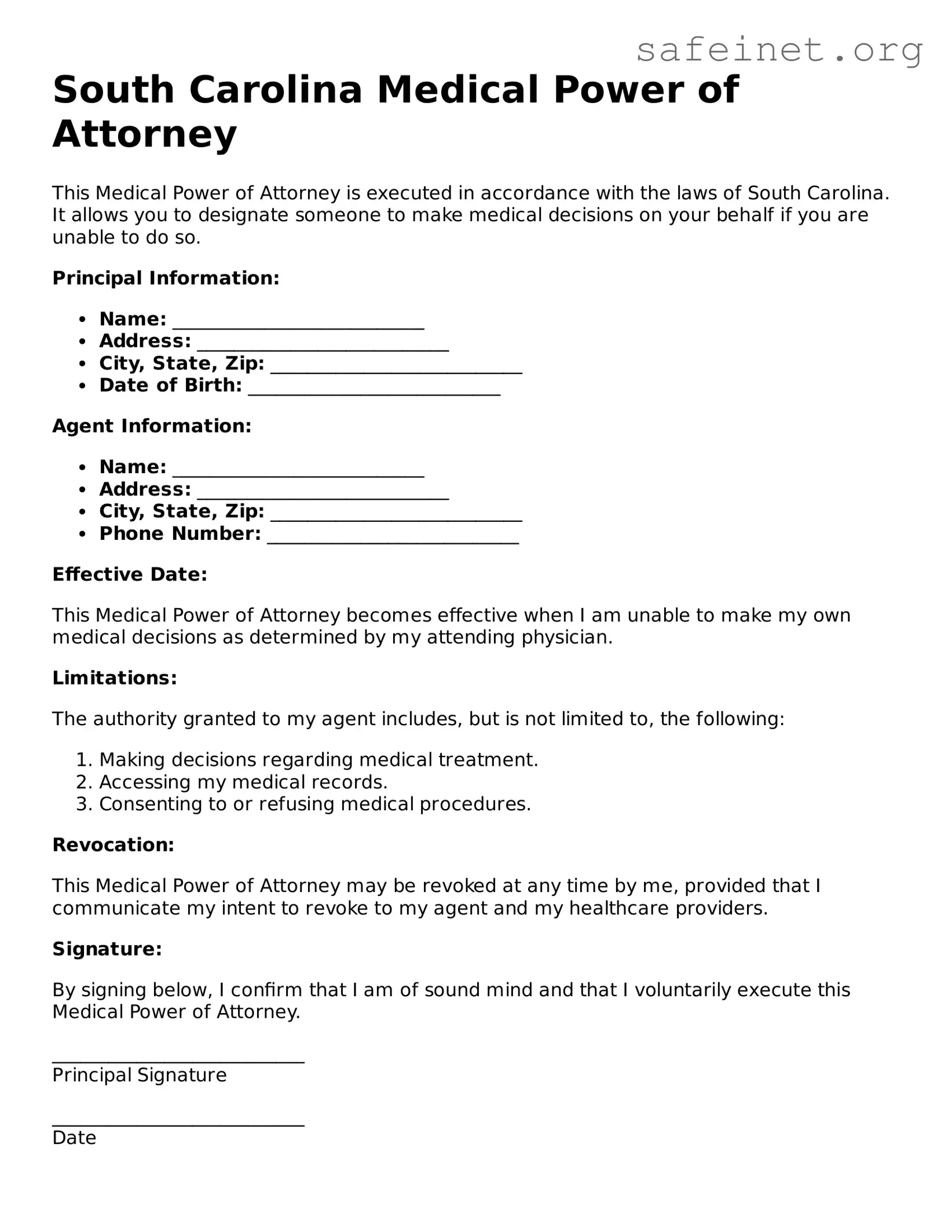 Valid Medical Power of Attorney Template for the State of South Carolina