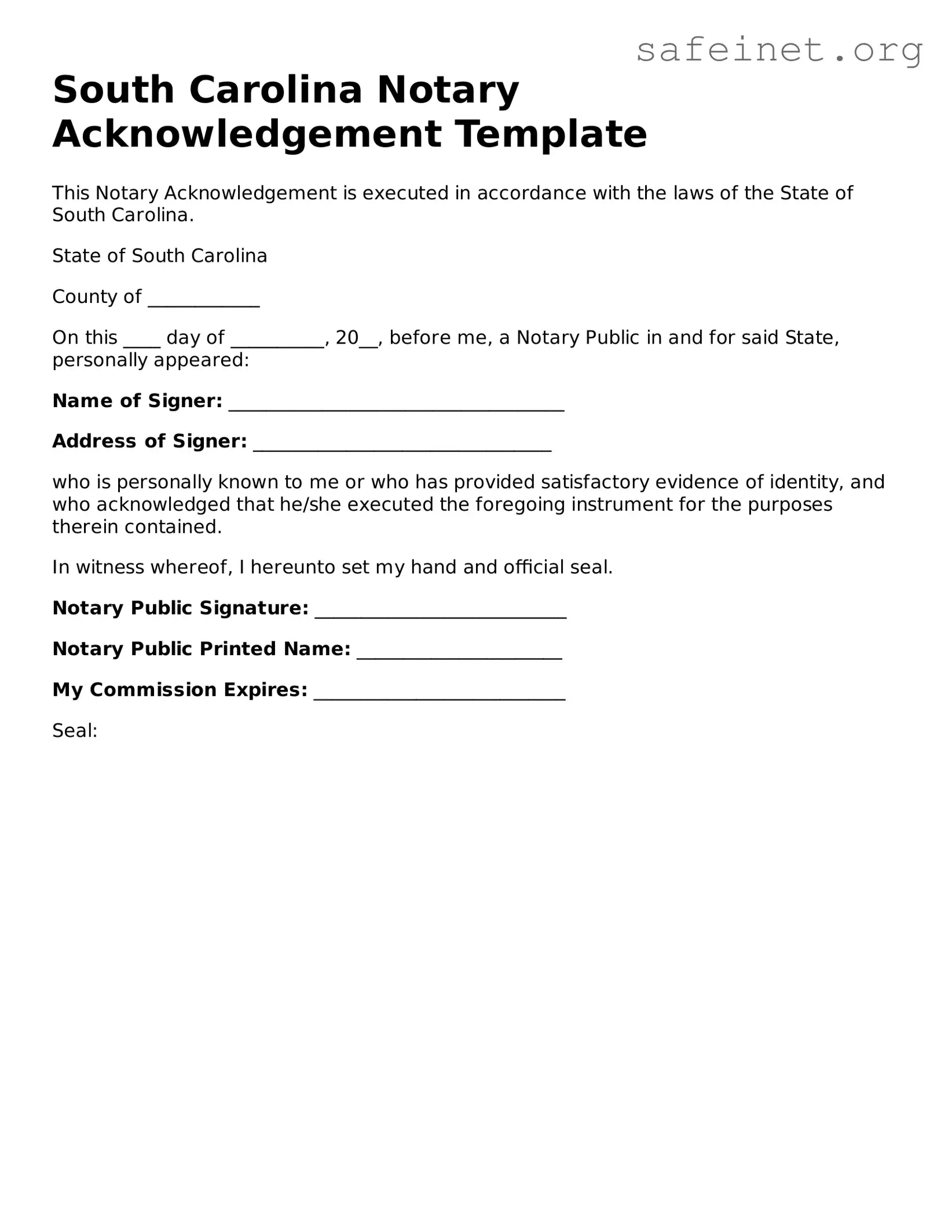 Valid Notary Acknowledgement Template for the State of South Carolina