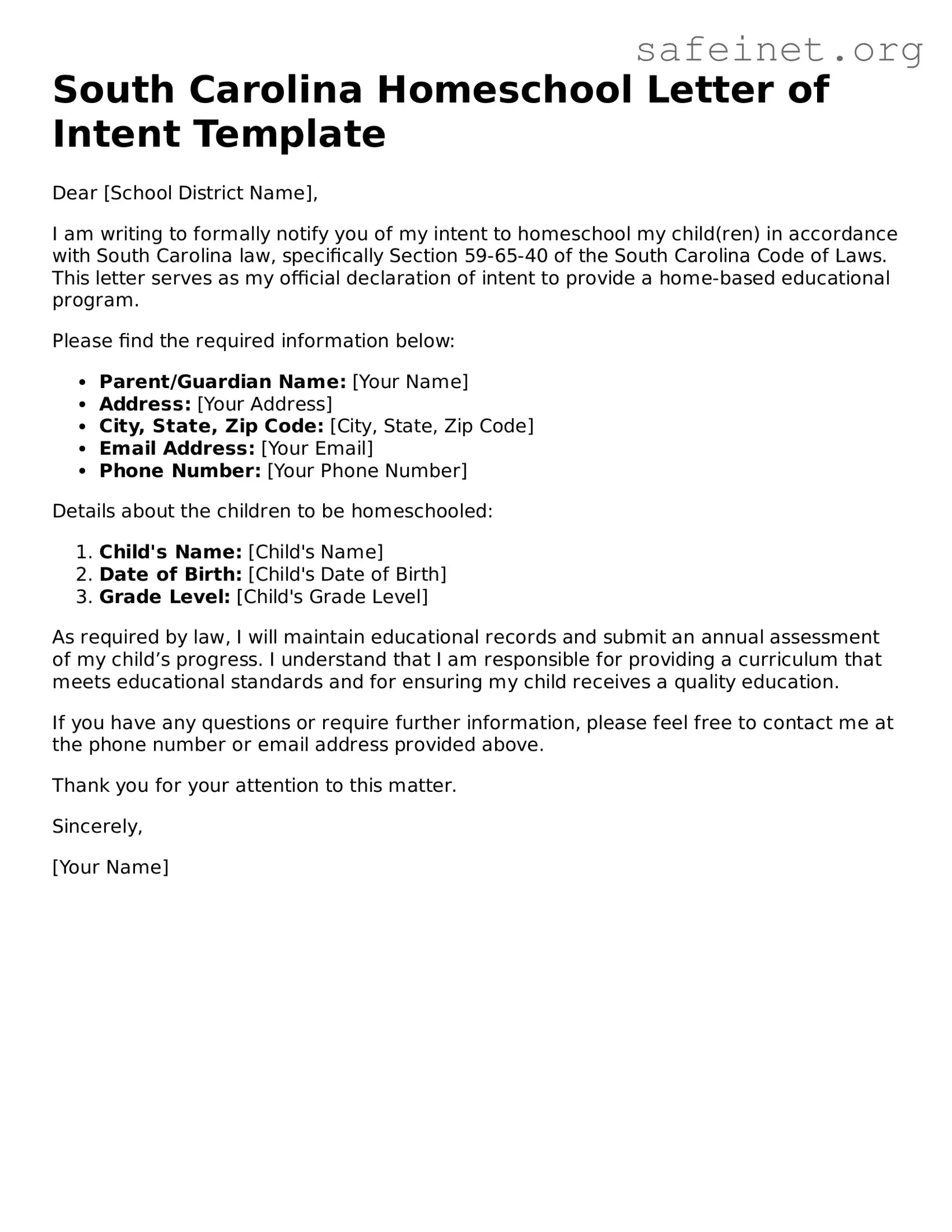 Valid Homeschool Letter of Intent Template for the State of South Carolina