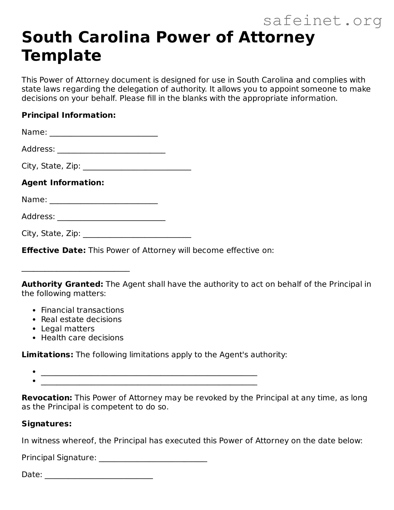 Valid Power of Attorney Template for the State of South Carolina