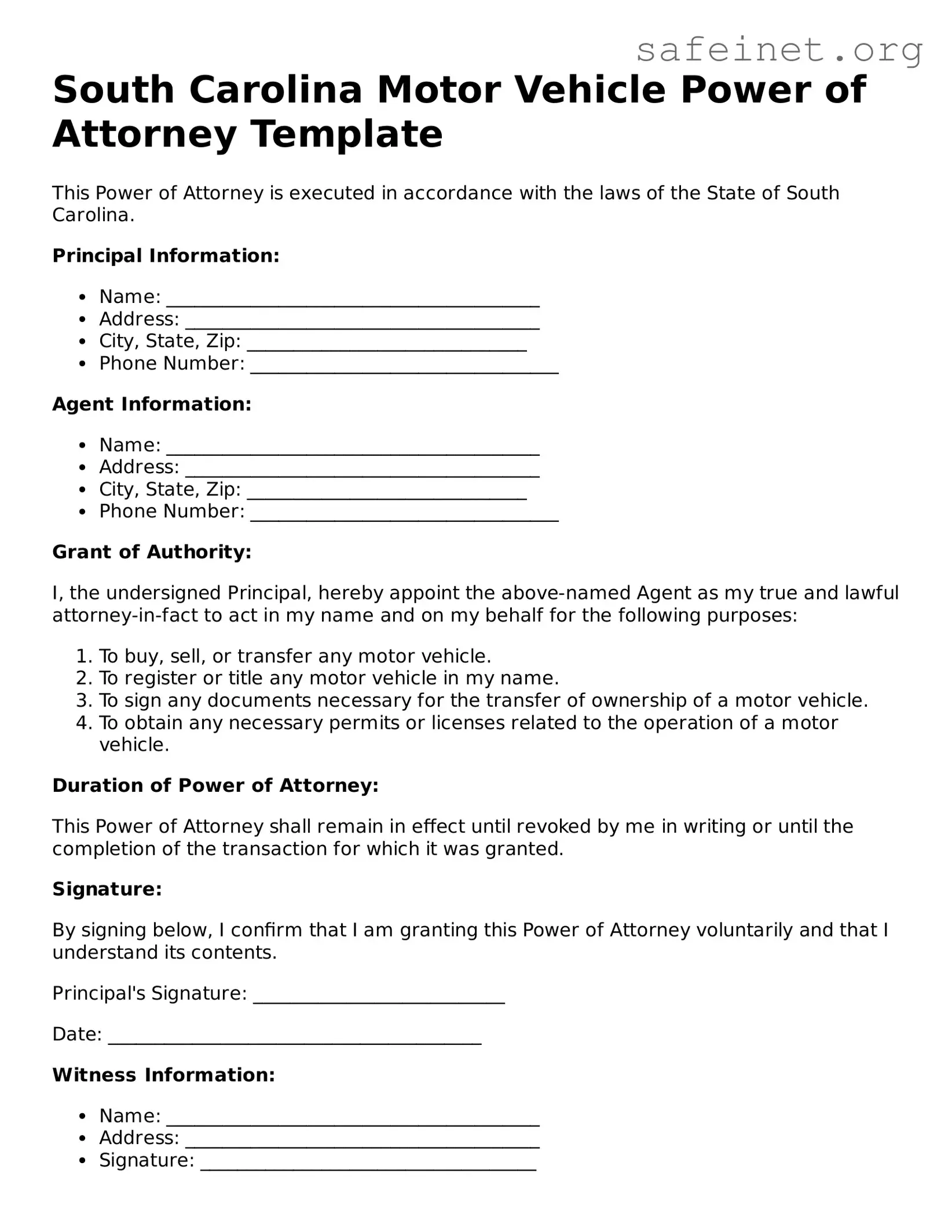 Valid Motor Vehicle Power of Attorney Template for the State of South Carolina