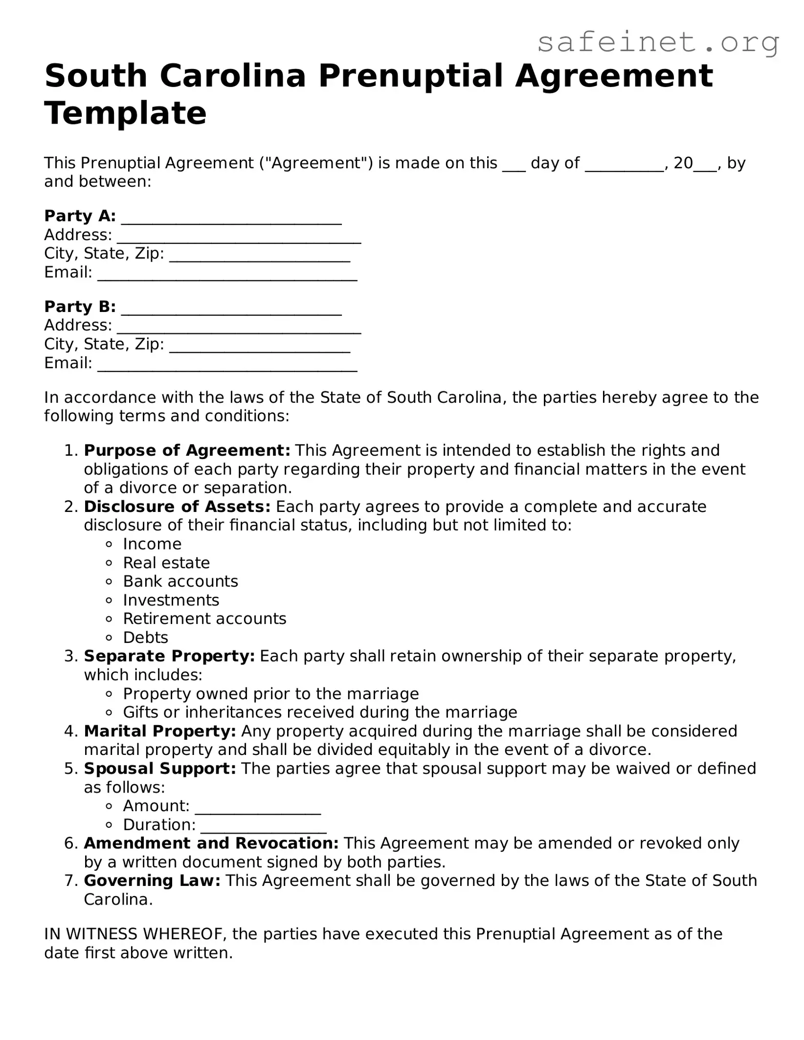 Valid Prenuptial Agreement Template for the State of South Carolina