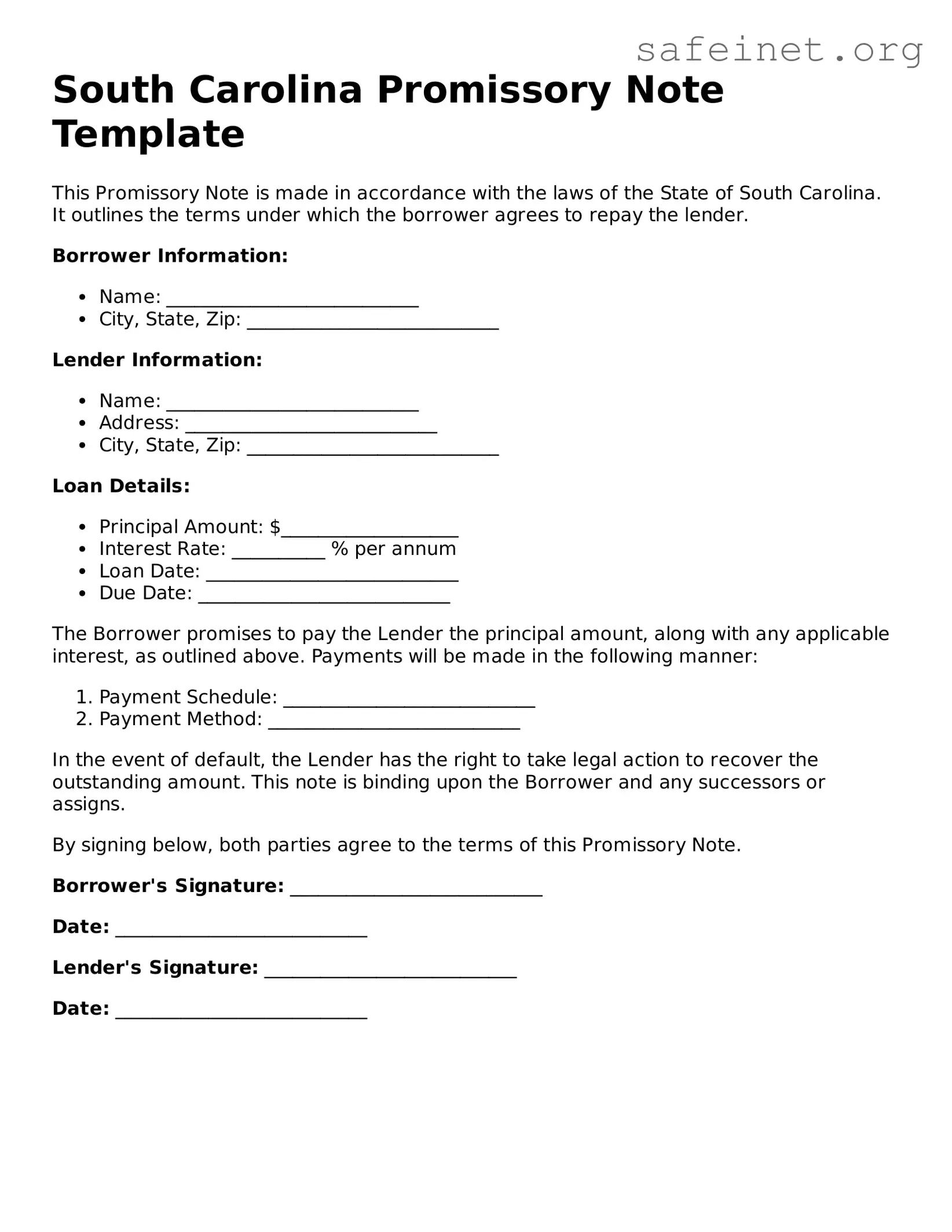 Valid Promissory Note Template for the State of South Carolina