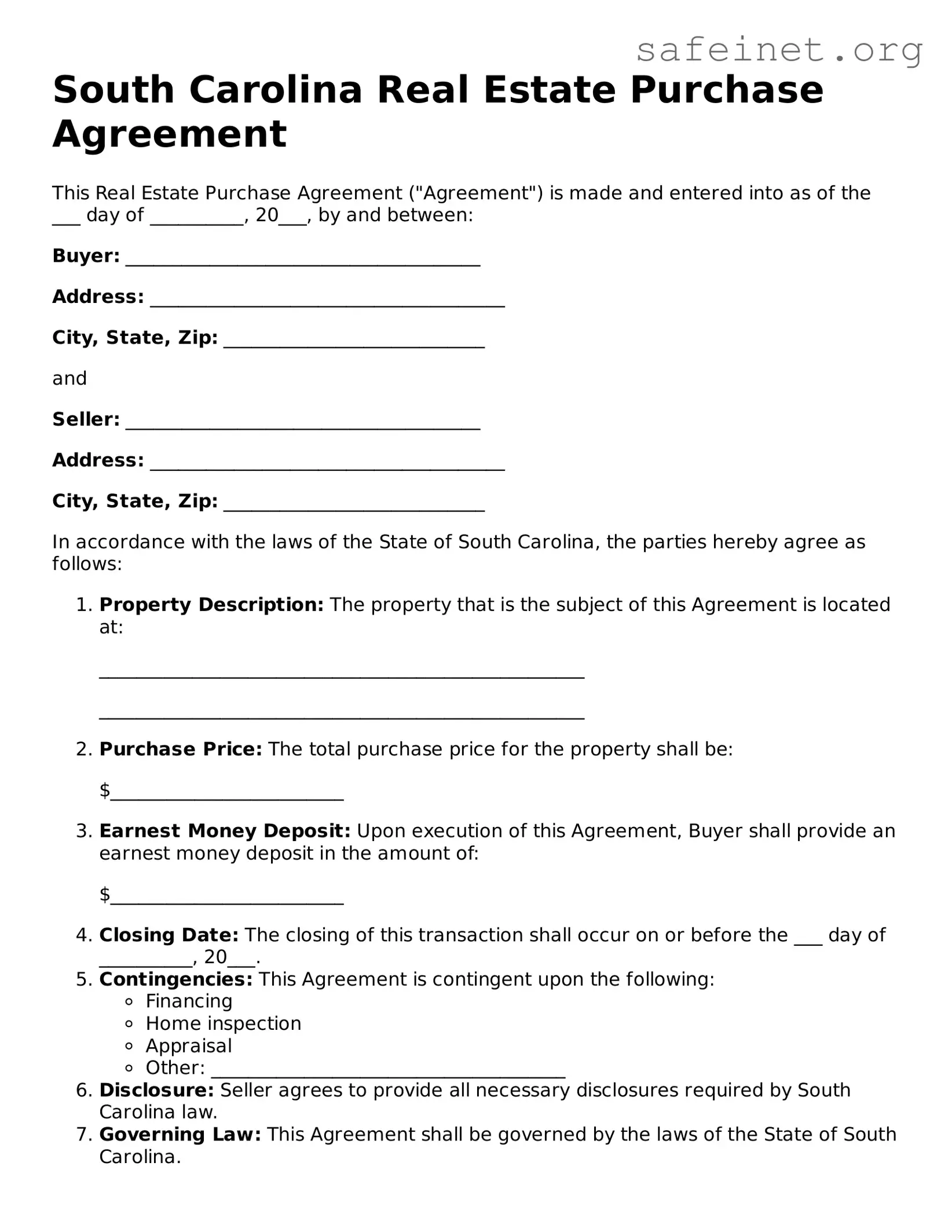 Valid Real Estate Purchase Agreement Template for the State of South Carolina