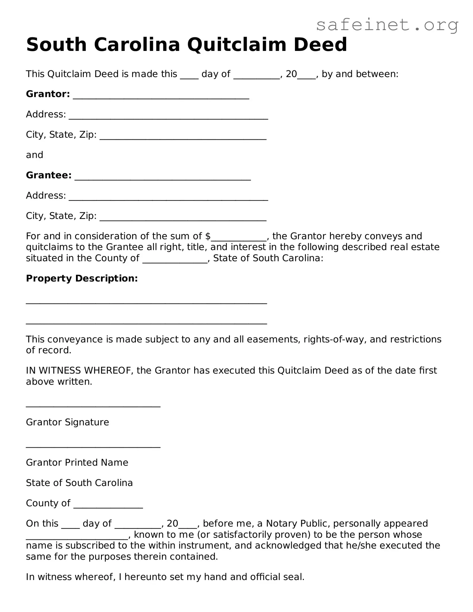 Valid Quitclaim Deed Template for the State of South Carolina