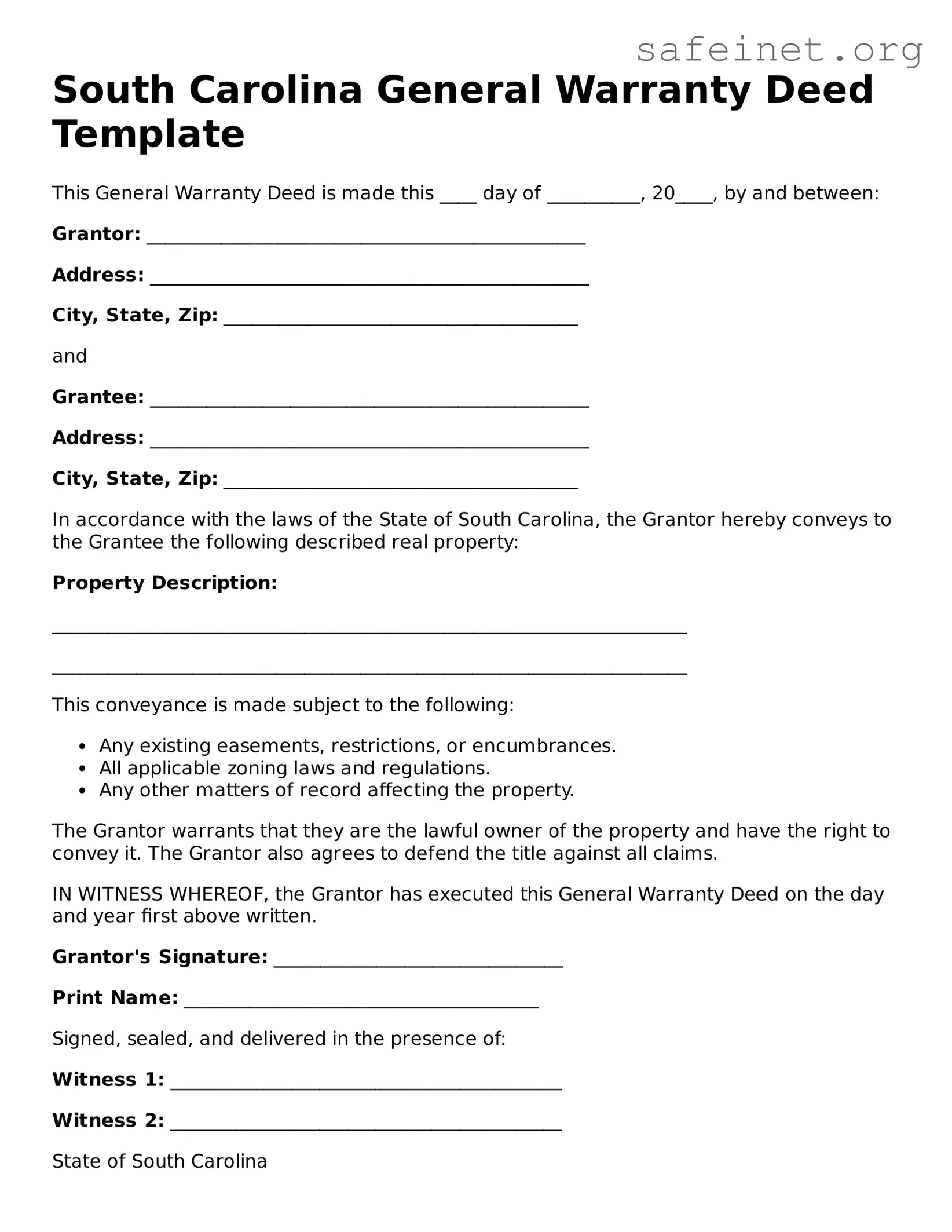 Valid Deed Template for the State of South Carolina