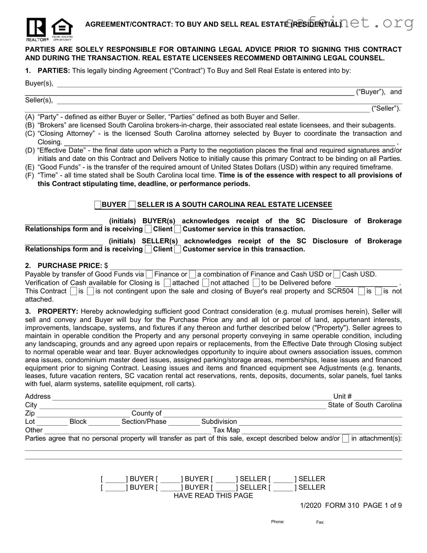Blank South Carolina Real Estate Contract 310 Template