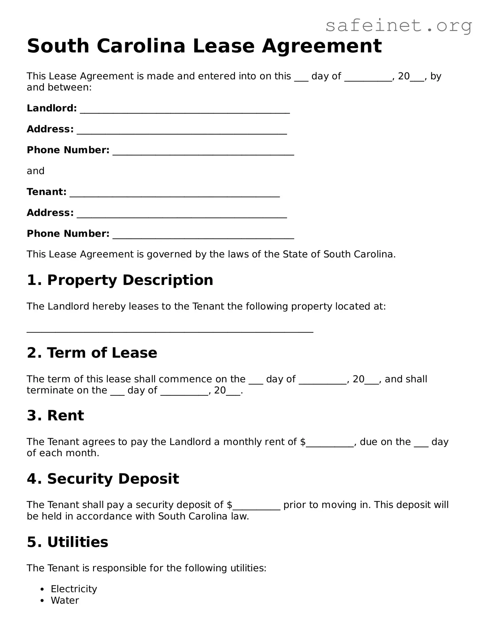 Valid Lease Agreement Template for the State of South Carolina