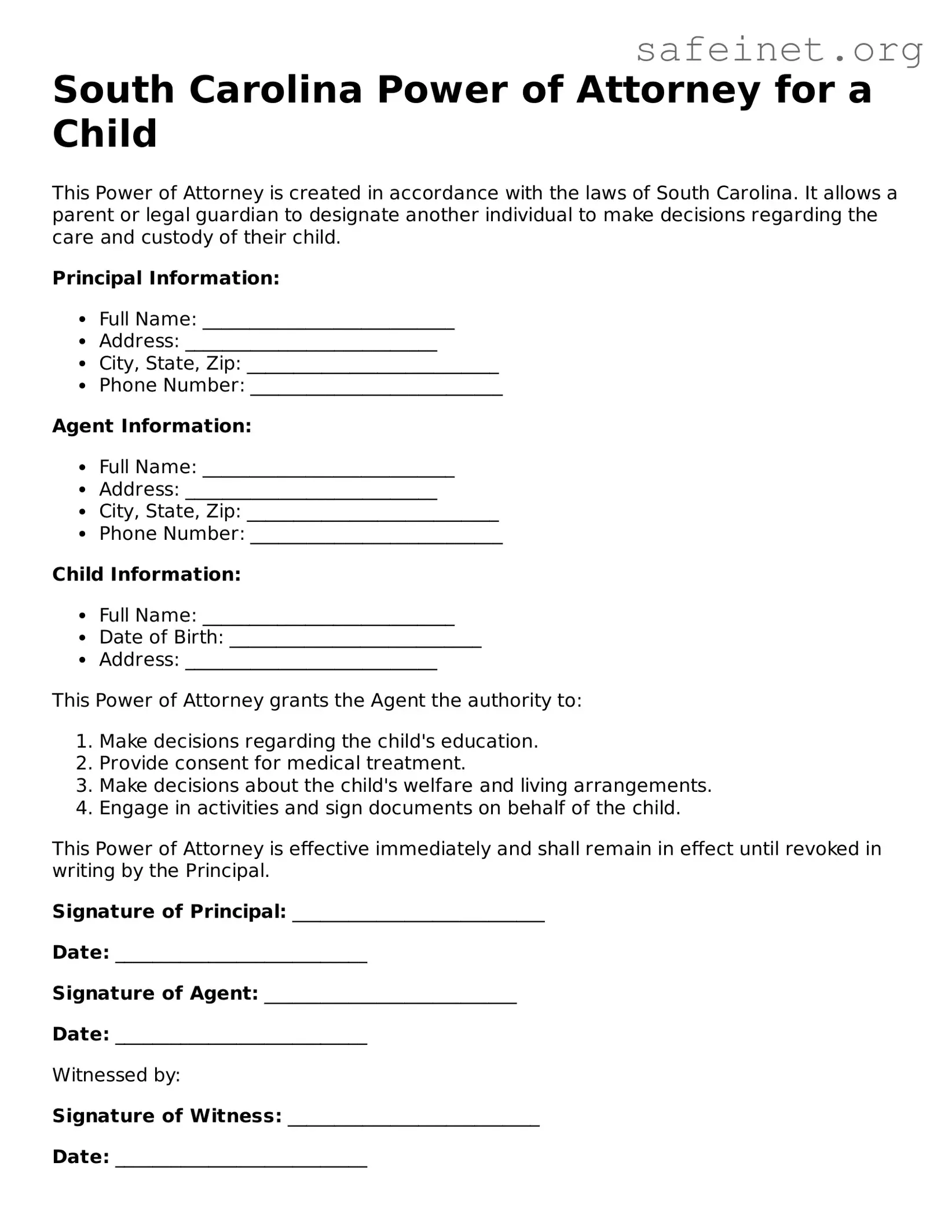 Valid Power of Attorney for a Child Template for the State of South Carolina