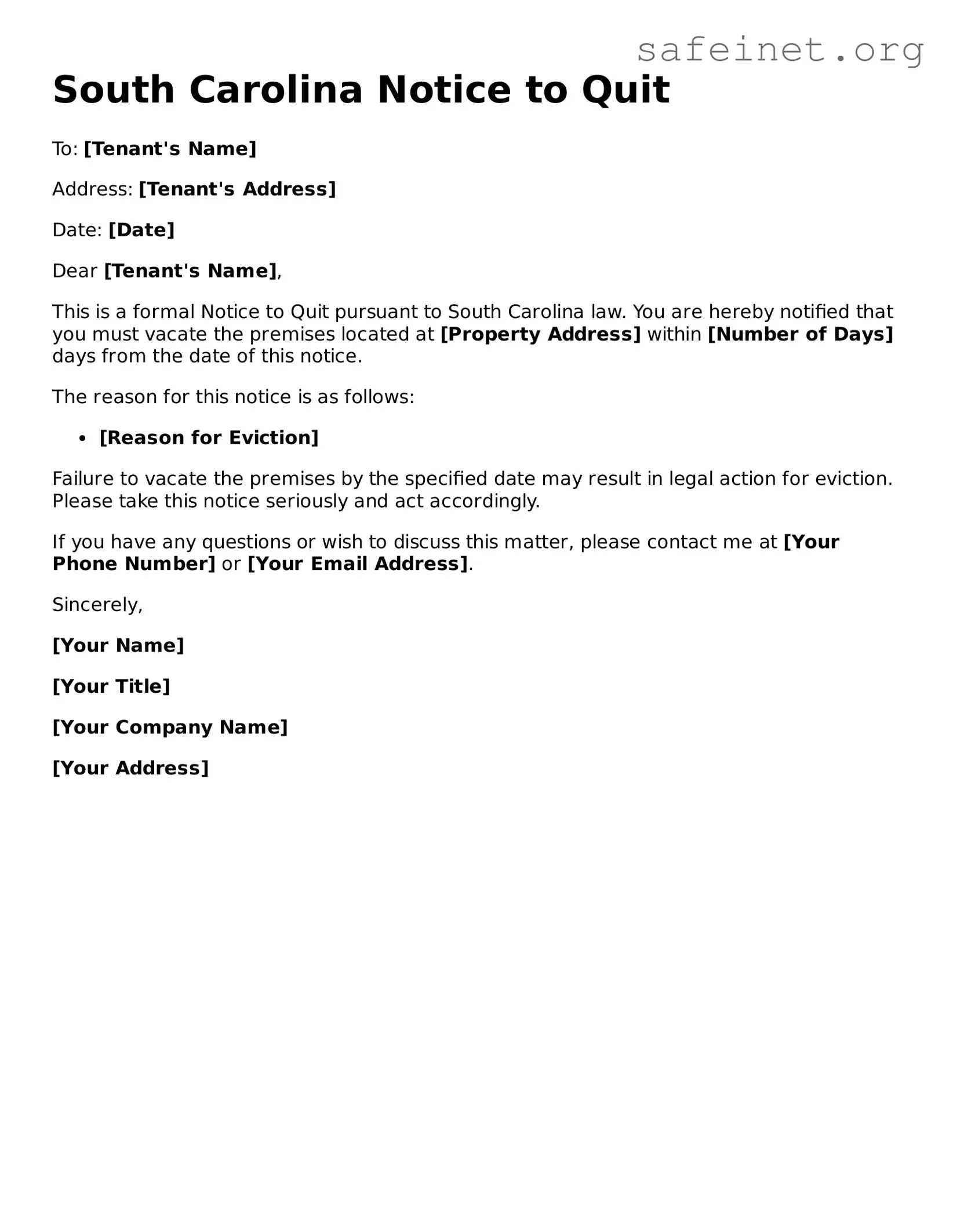 Valid Notice to Quit Template for the State of South Carolina