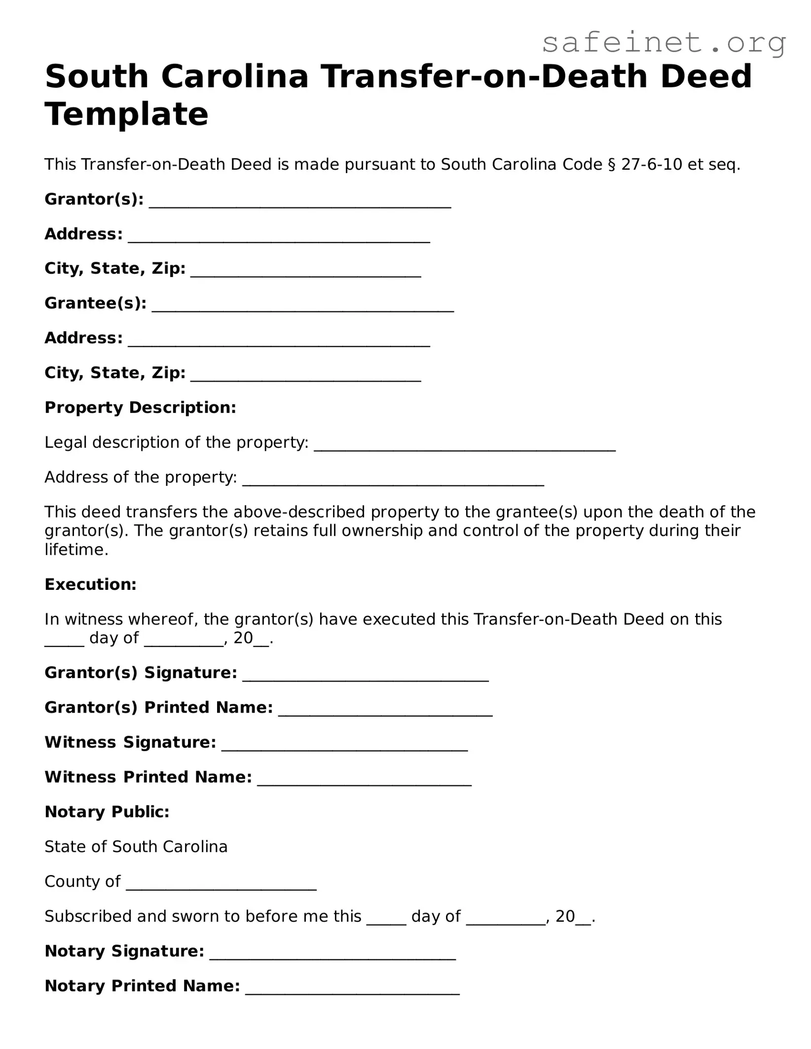 Valid Transfer-on-Death Deed Template for the State of South Carolina