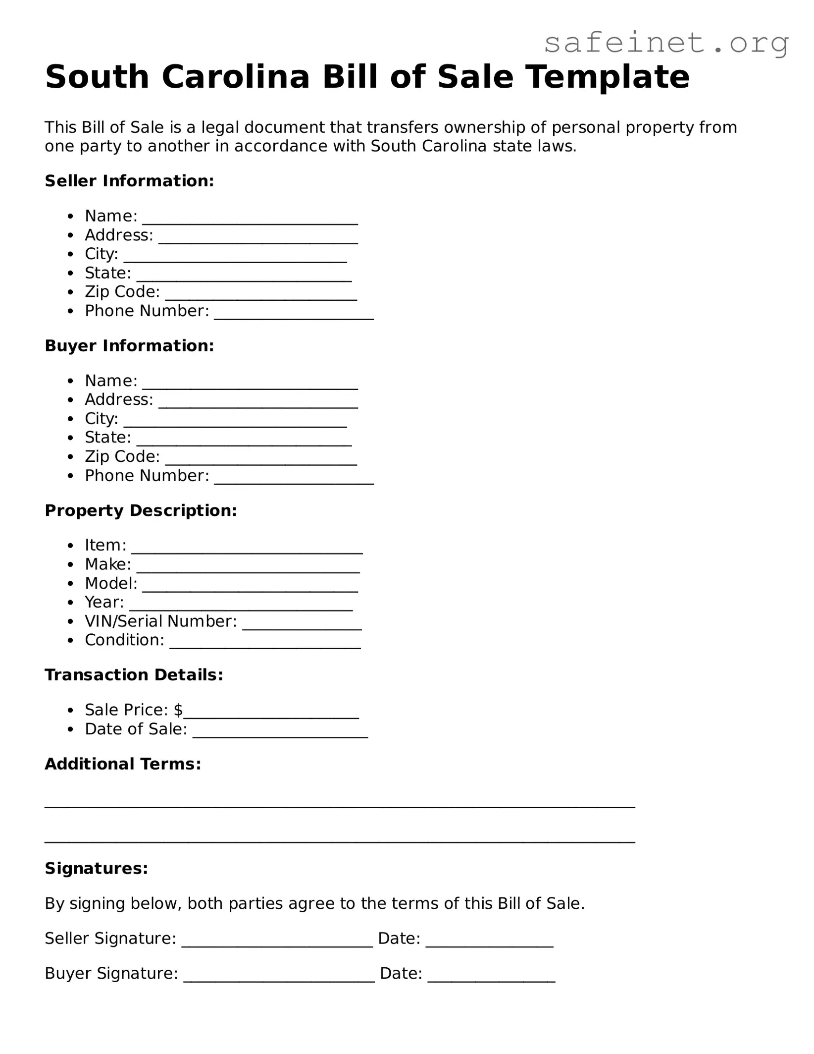 Valid Bill of Sale Template for the State of South Carolina