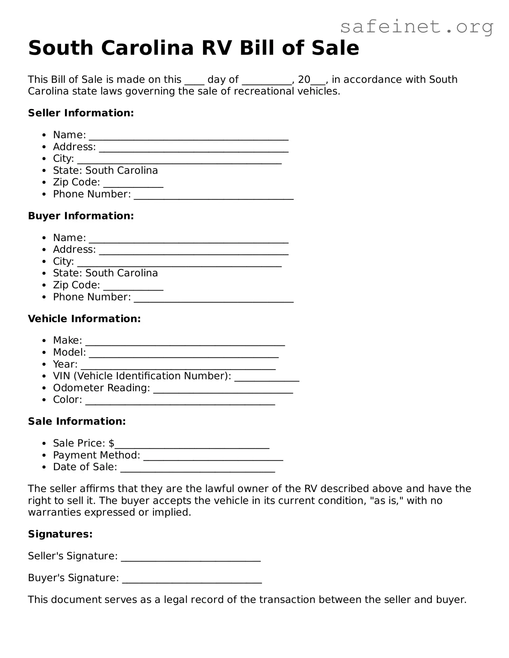 Valid RV Bill of Sale Template for the State of South Carolina