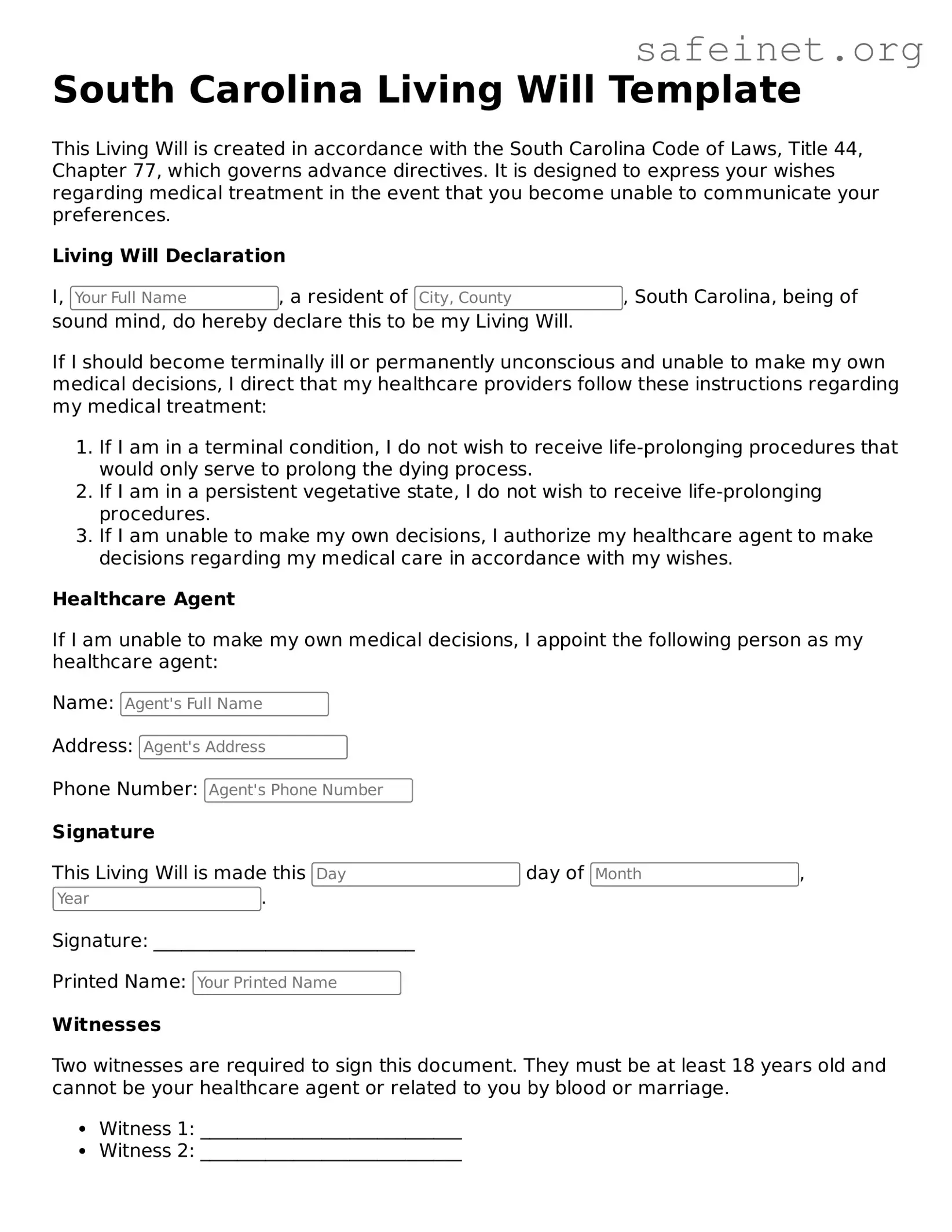 Valid Living Will Template for the State of South Carolina