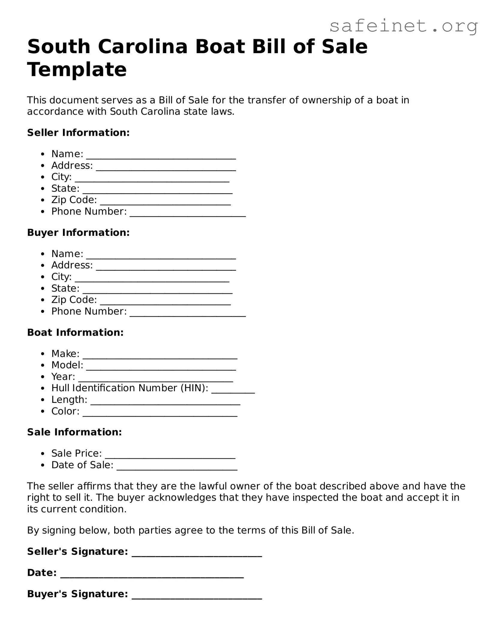 Valid Boat Bill of Sale Template for the State of South Carolina
