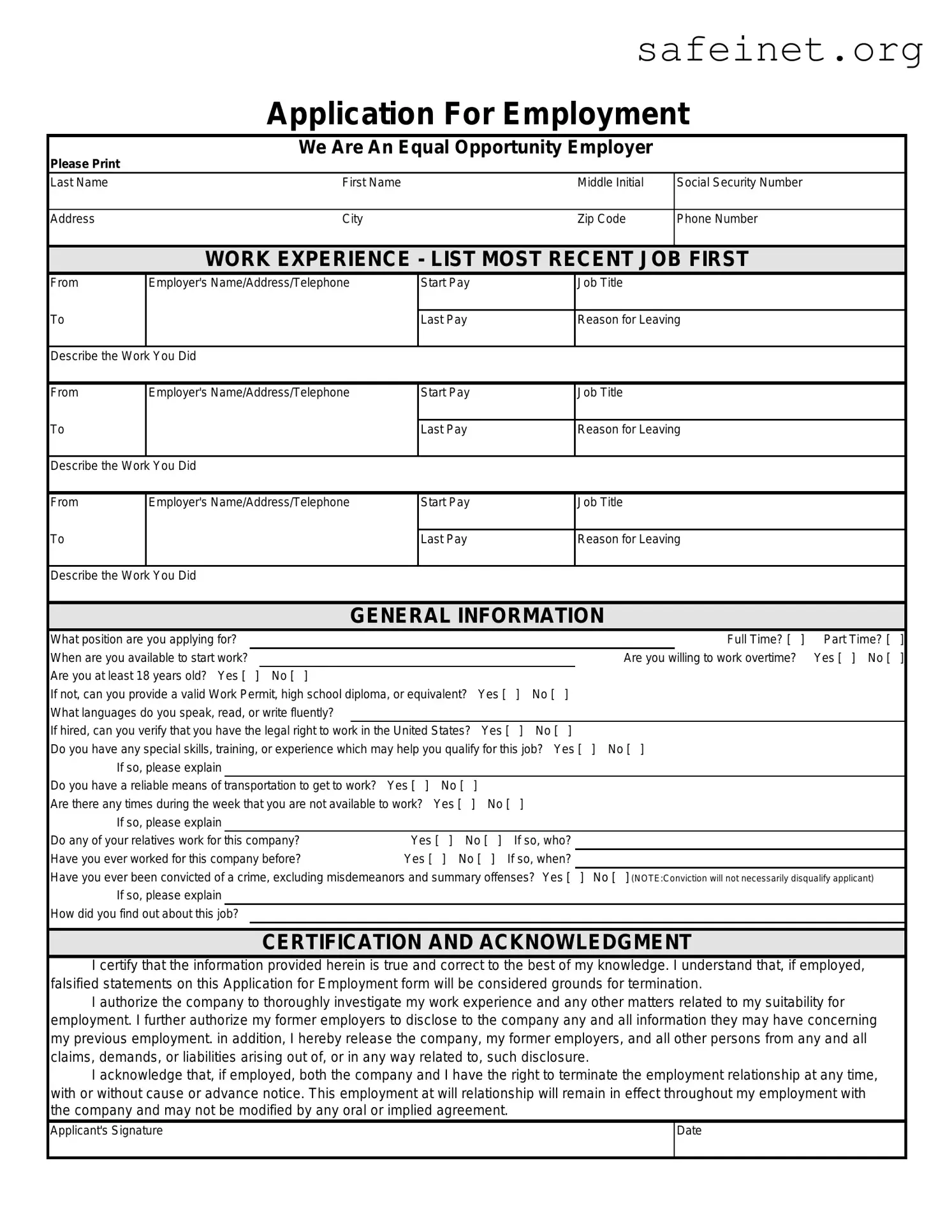 Blank Spanish Application Employment Template