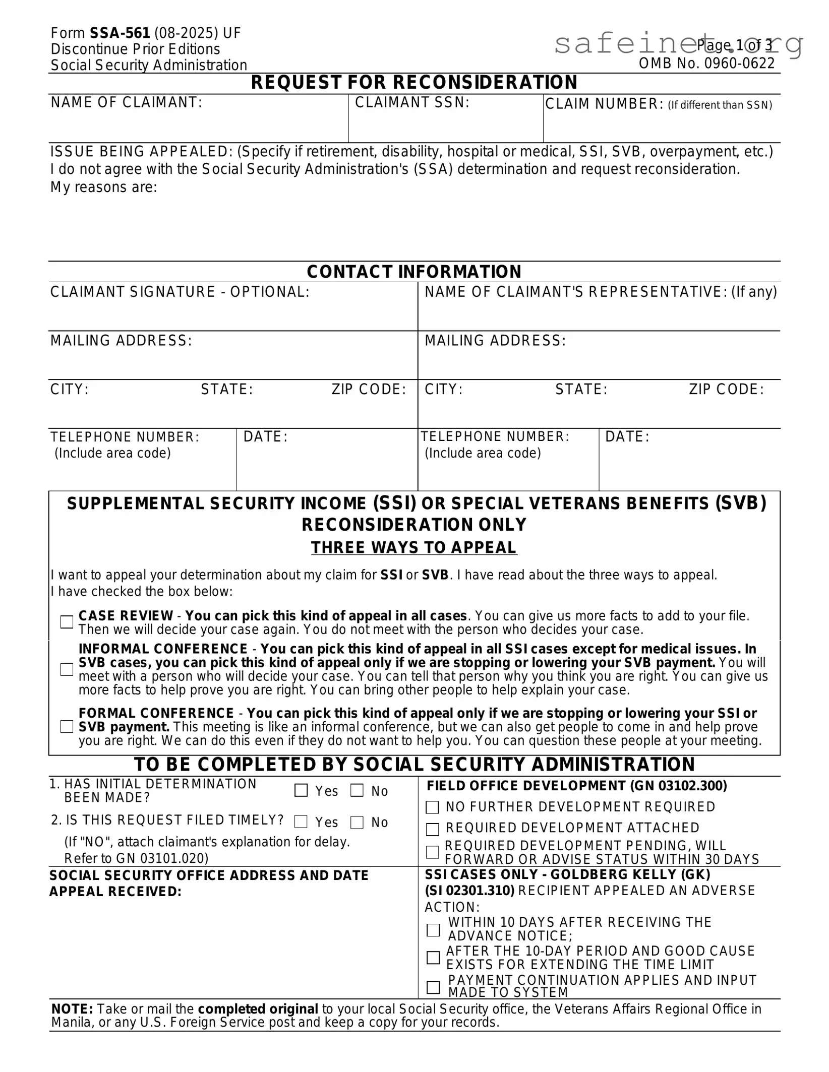 Blank SSA SSA-561-U2 Template
