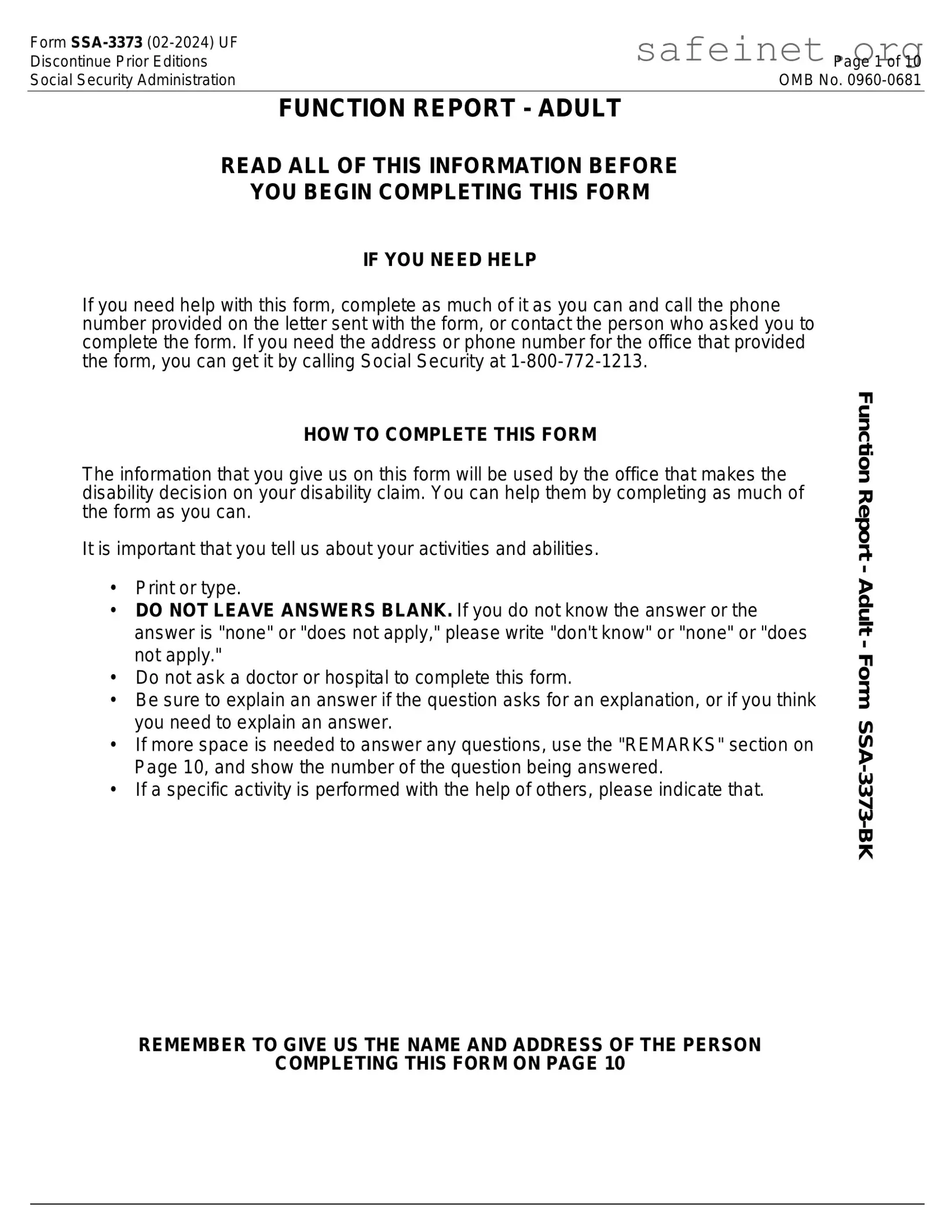 Blank SSA SSA-3373-BK Template