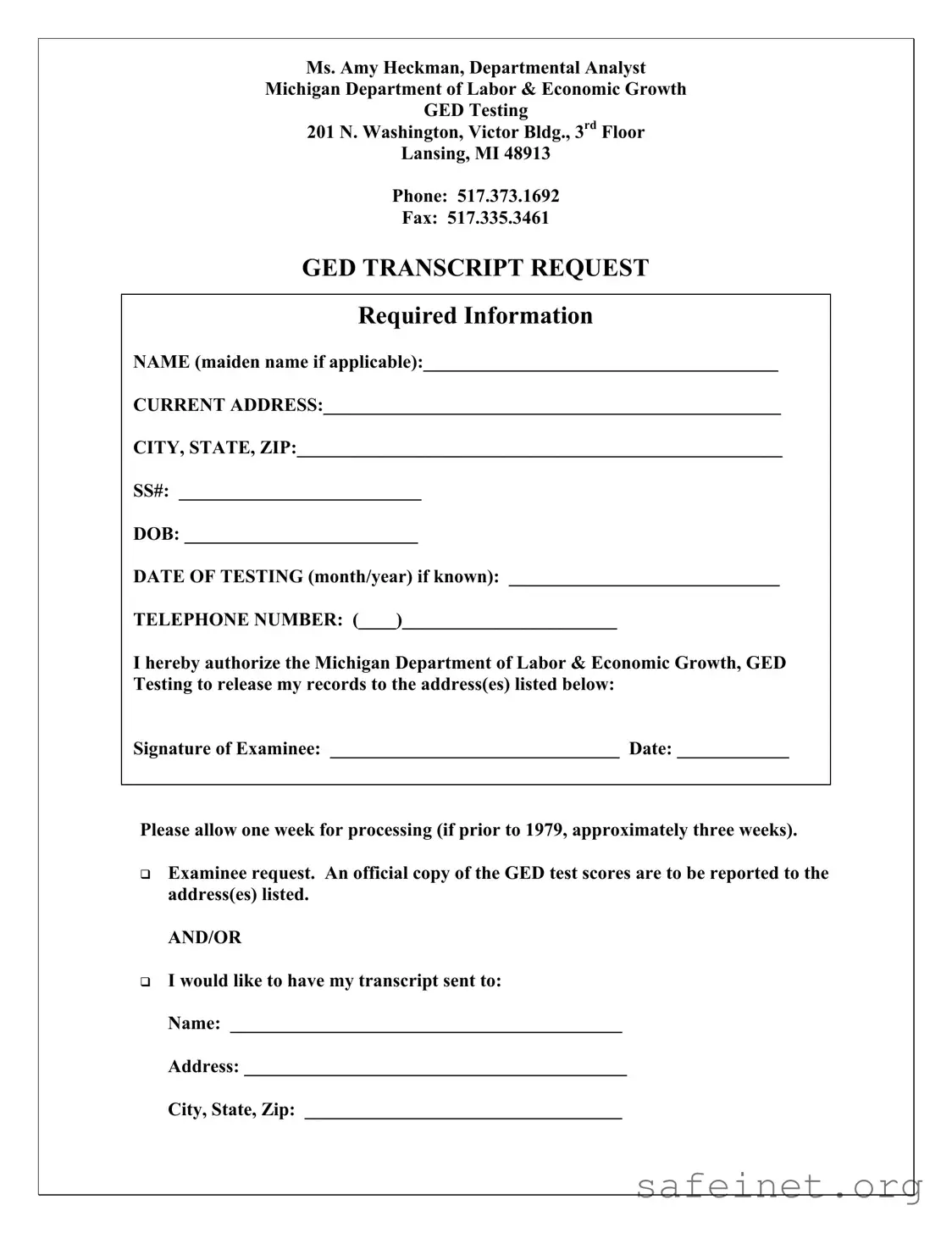 Blank Michigan Ged Transcript Request Template