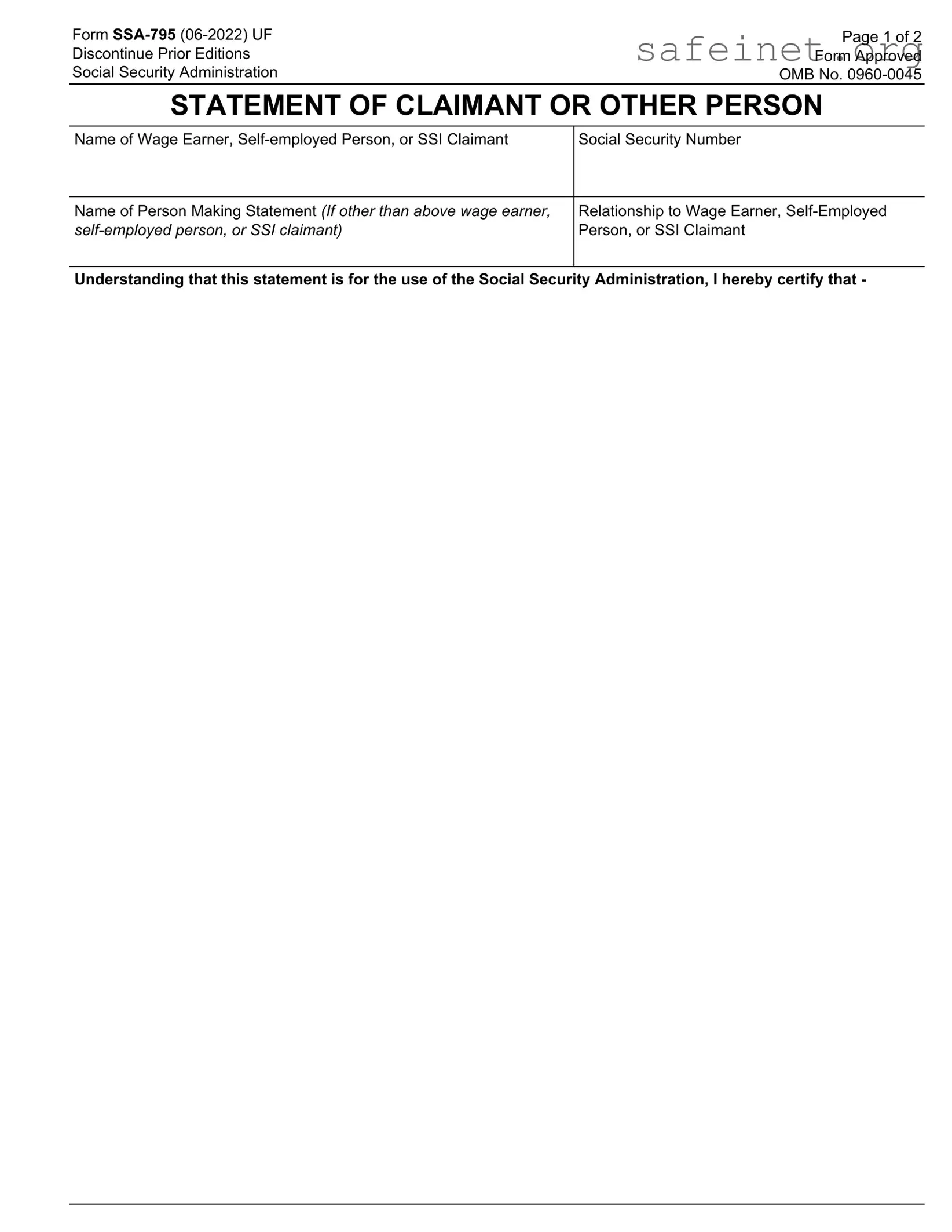 Blank SSA SSA-795 Template