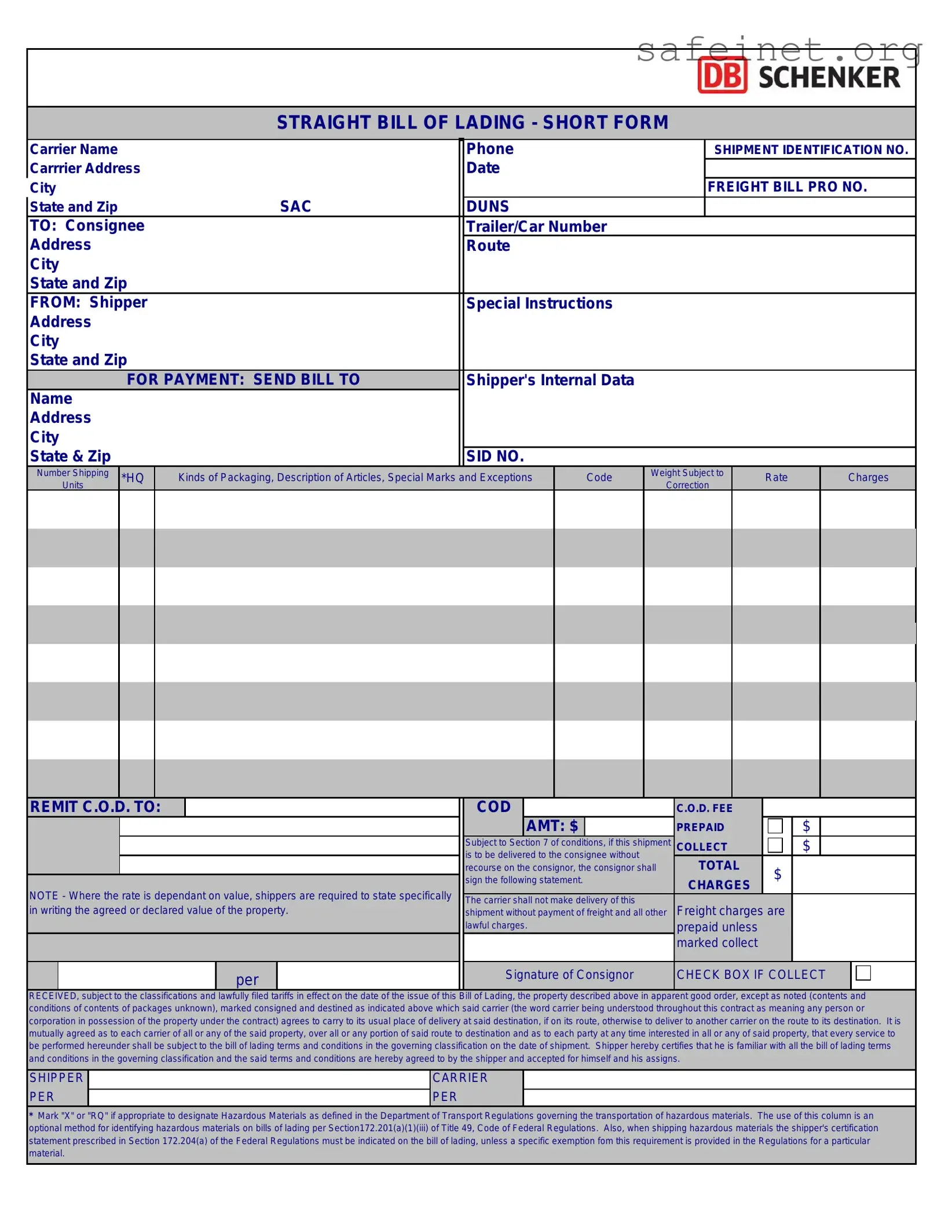 Blank Straight Bill Of Lading Template