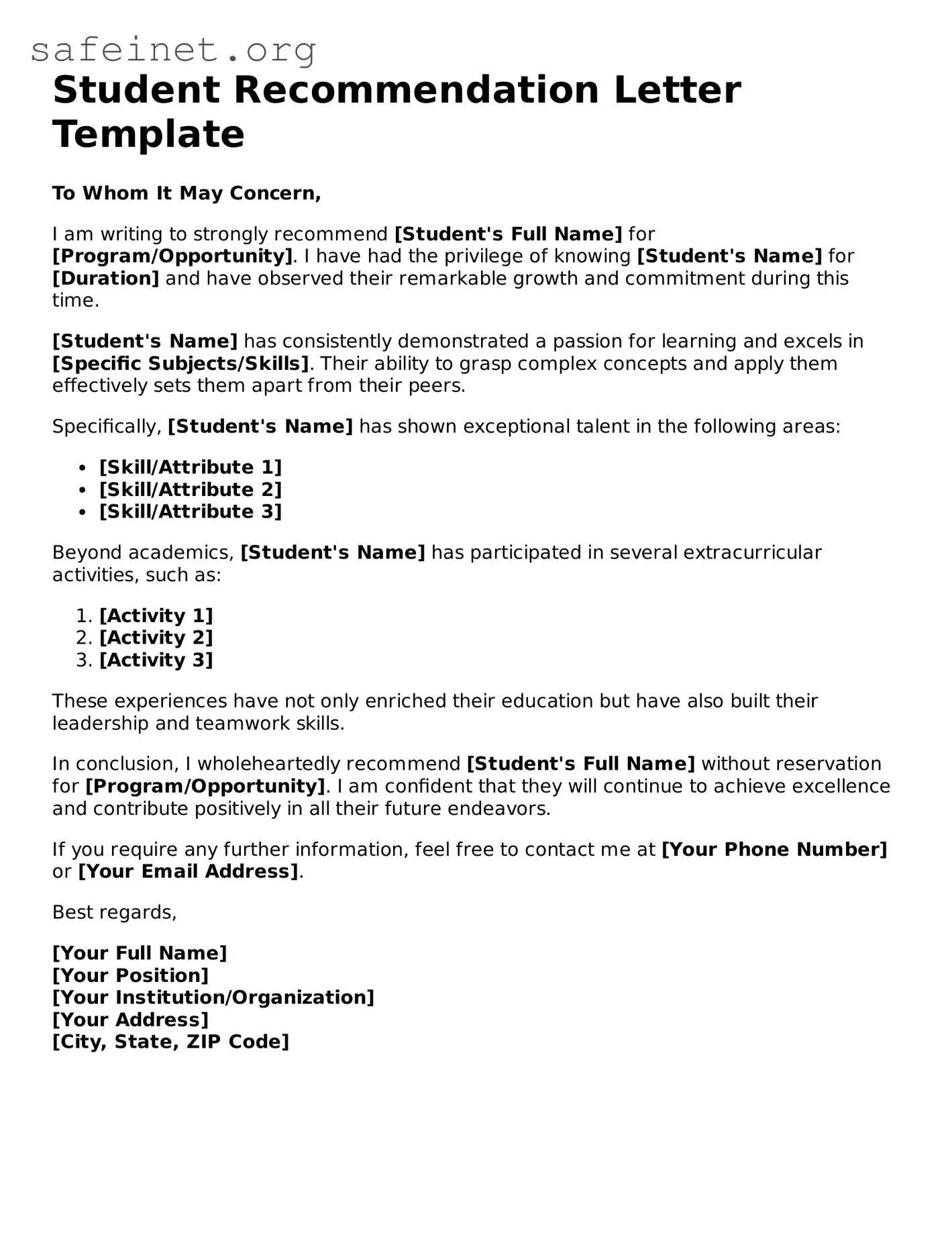 Official Student Recommendation Letter Document