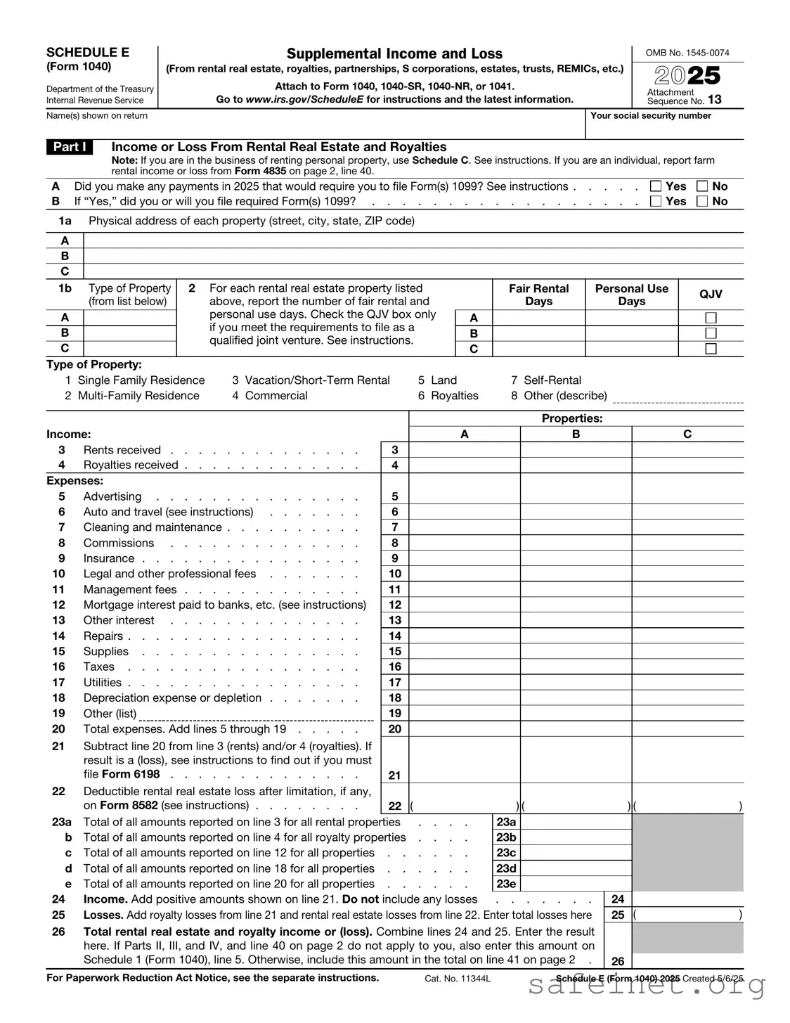 Blank IRS Schedule E 1040 Template
