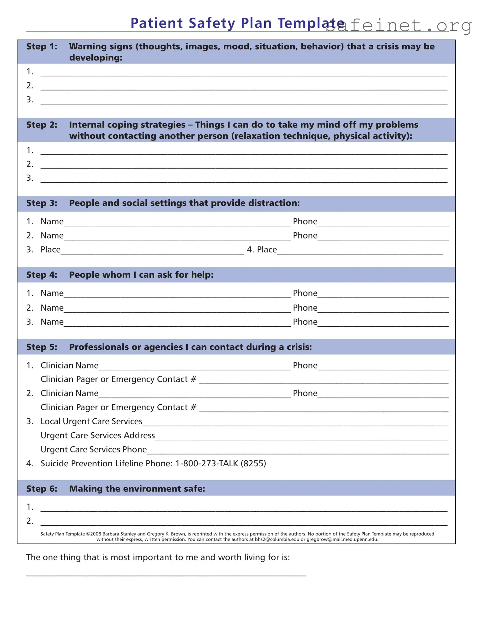 Blank Safety Plan Template