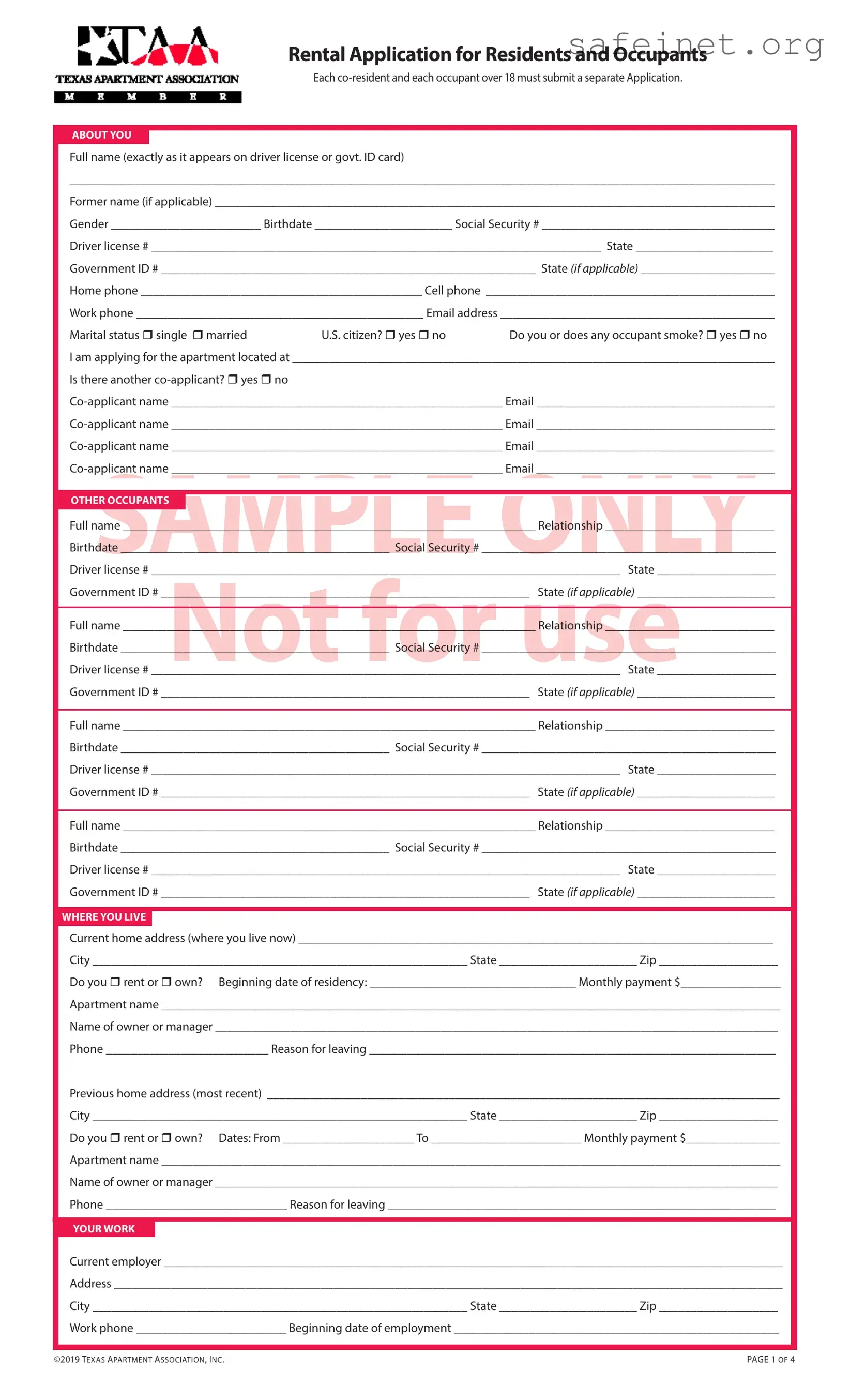 Blank Taa Rental Application Template