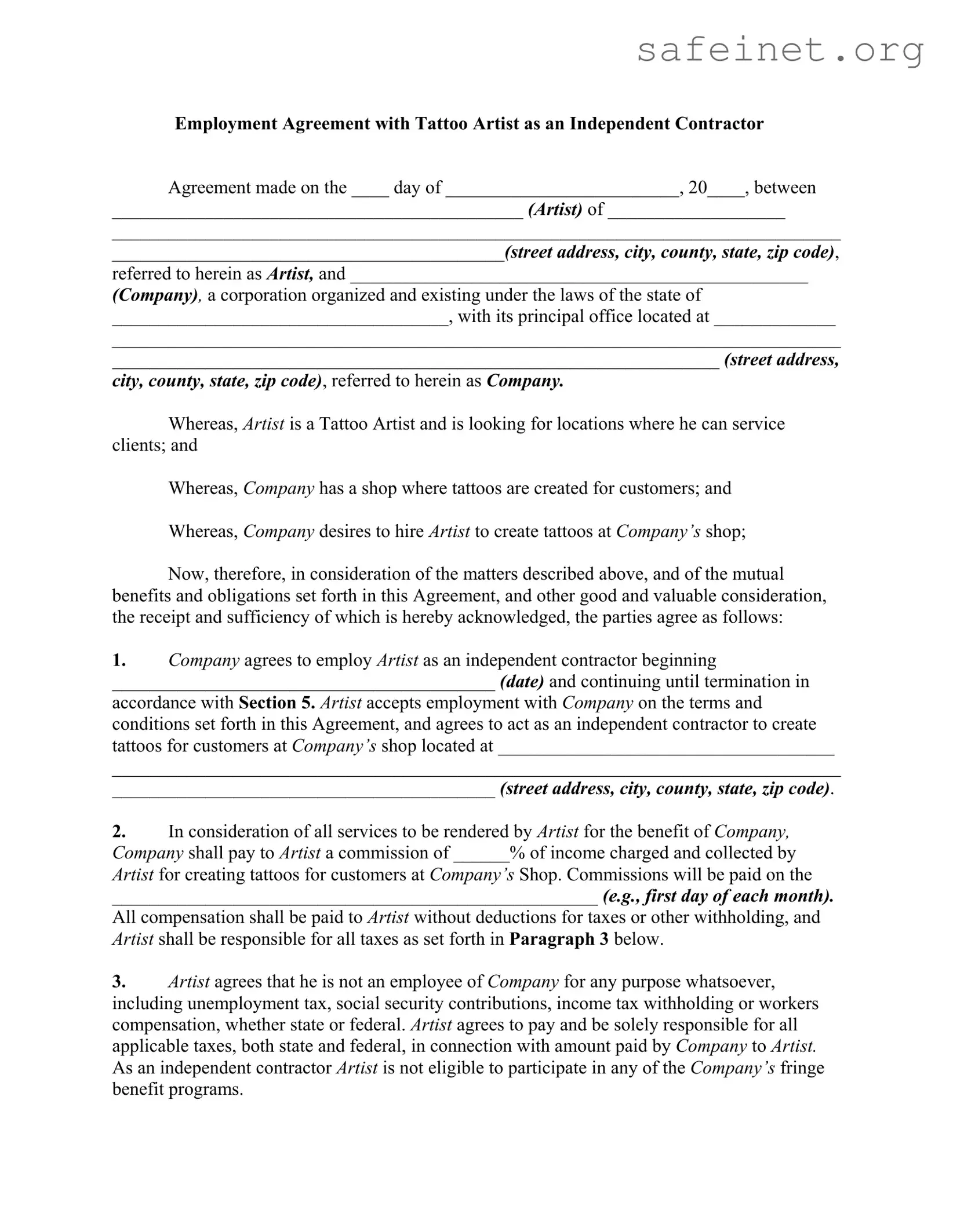 Blank Tattoo Shop Artist Agreement Template
