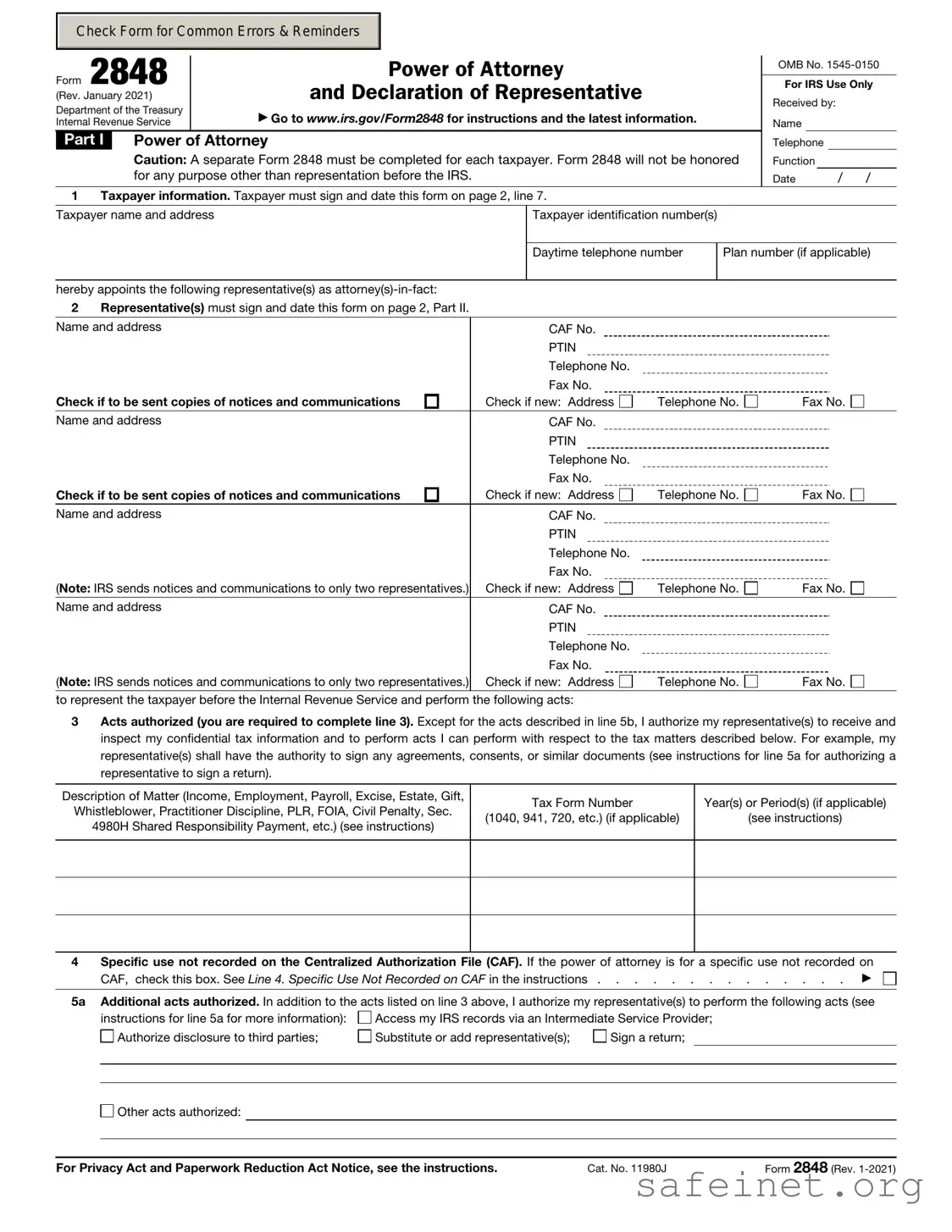 Blank IRS Power of Attorney ( 2848) Template
