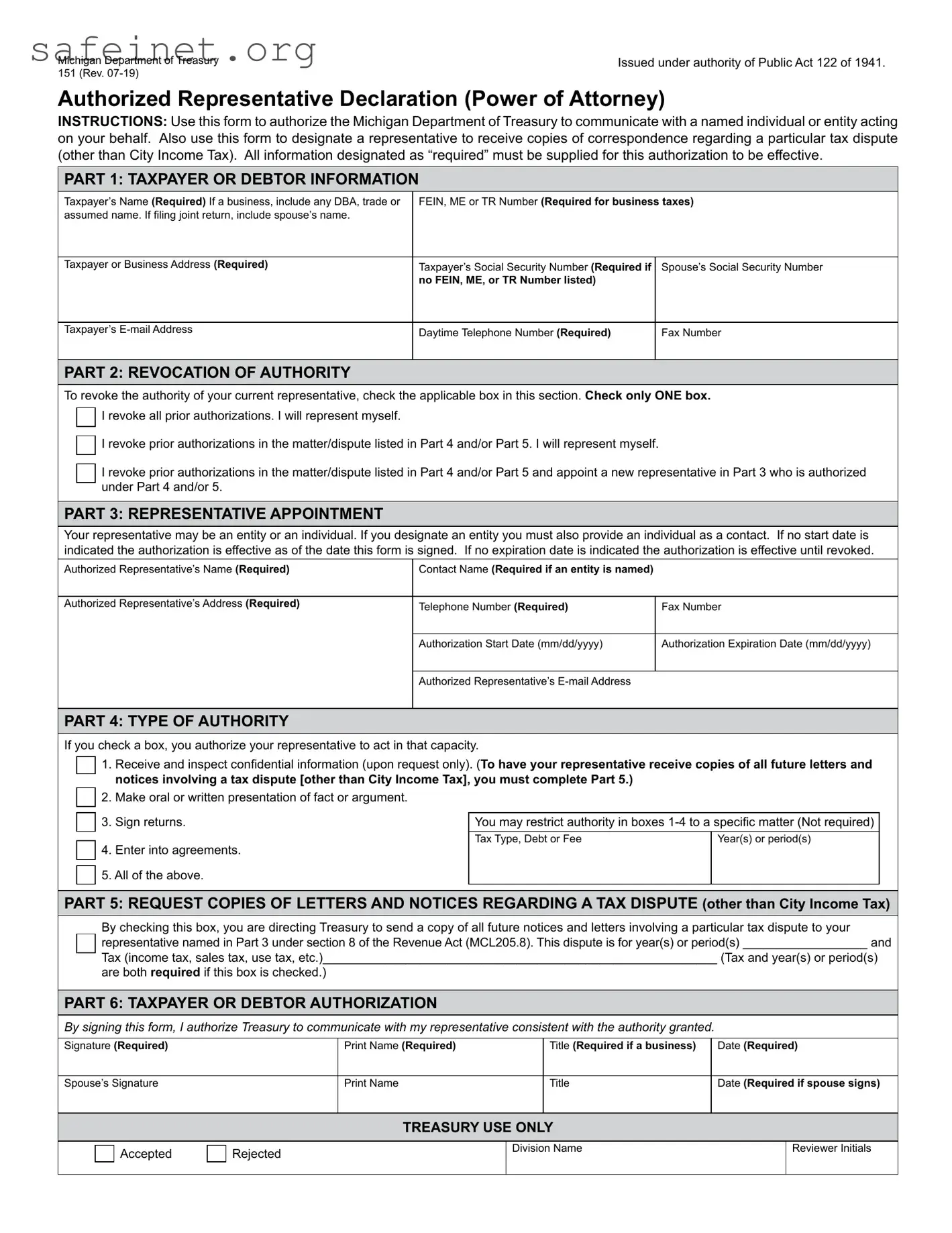 Blank Tax POA 151 Template