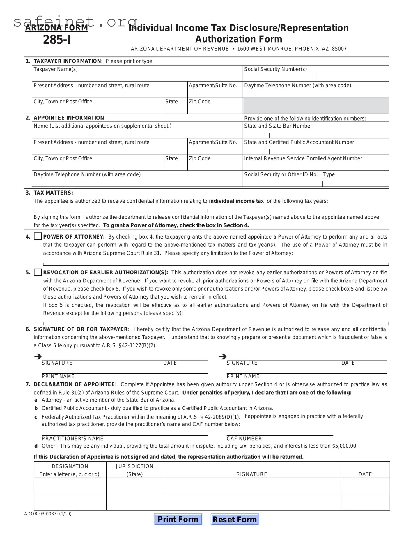 Blank Tax POA 285-I Template