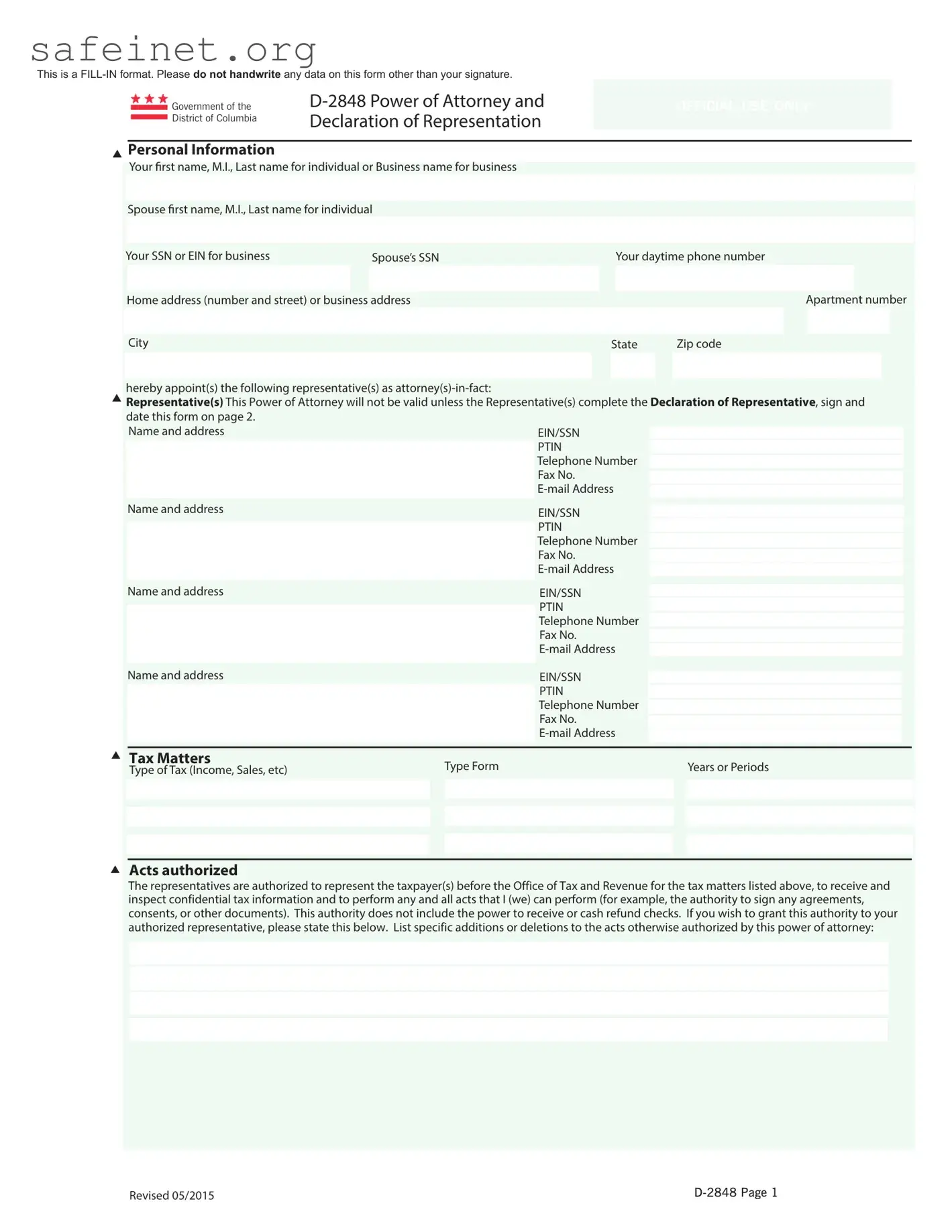 Blank Tax POA D-2848 Template