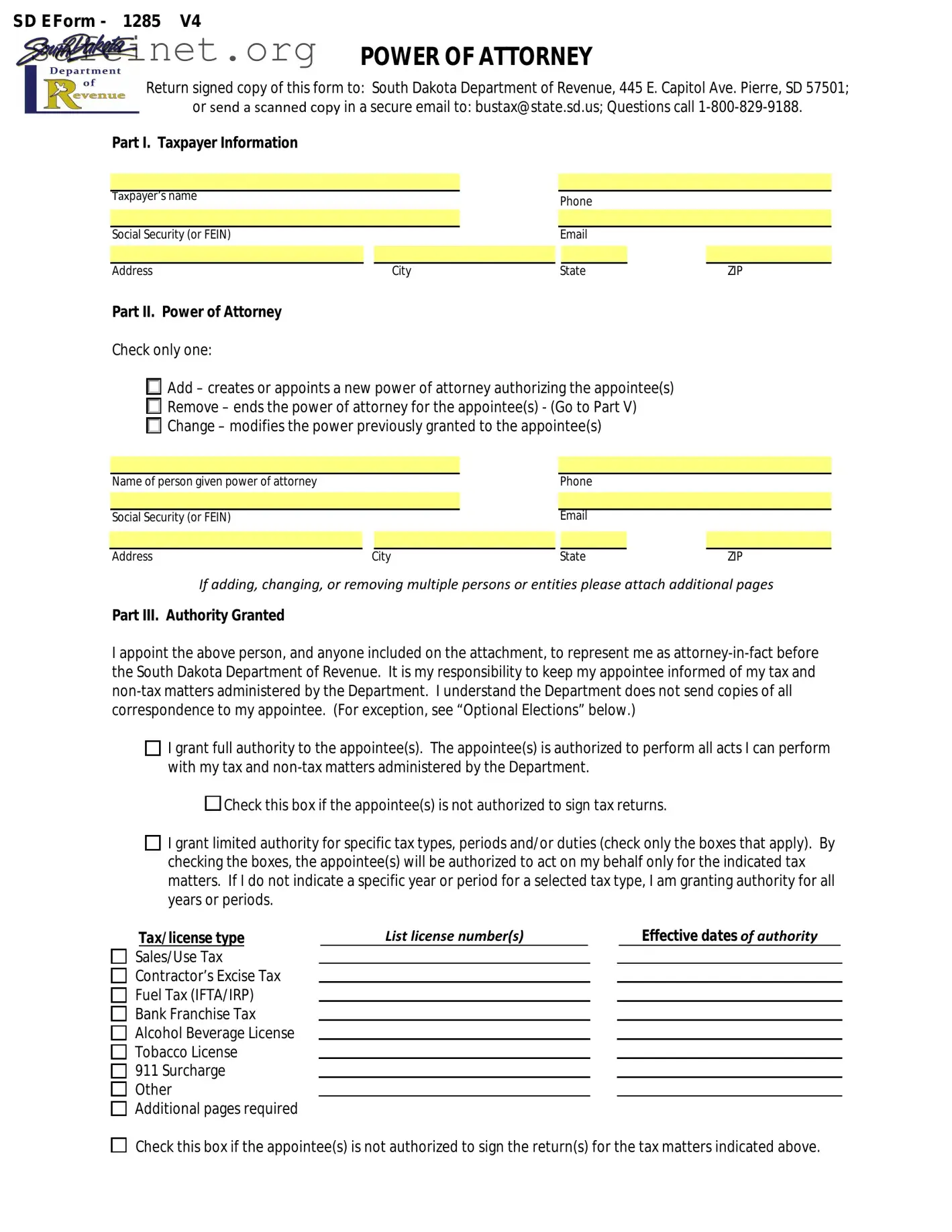 Blank Tax POA E1285V4 Template