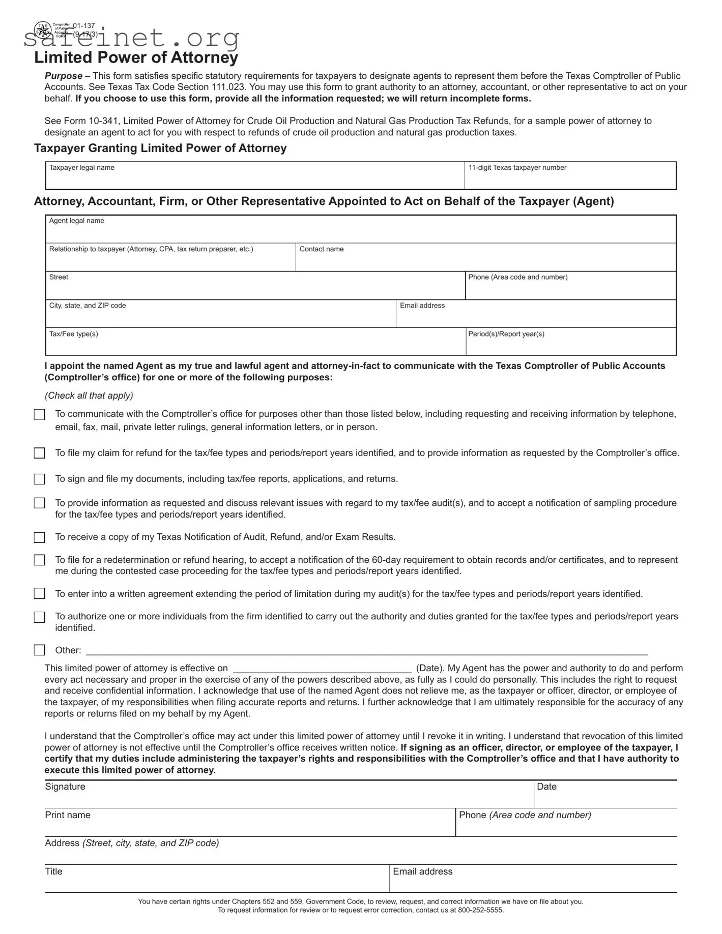 Blank Tax POA form 01-137 Template