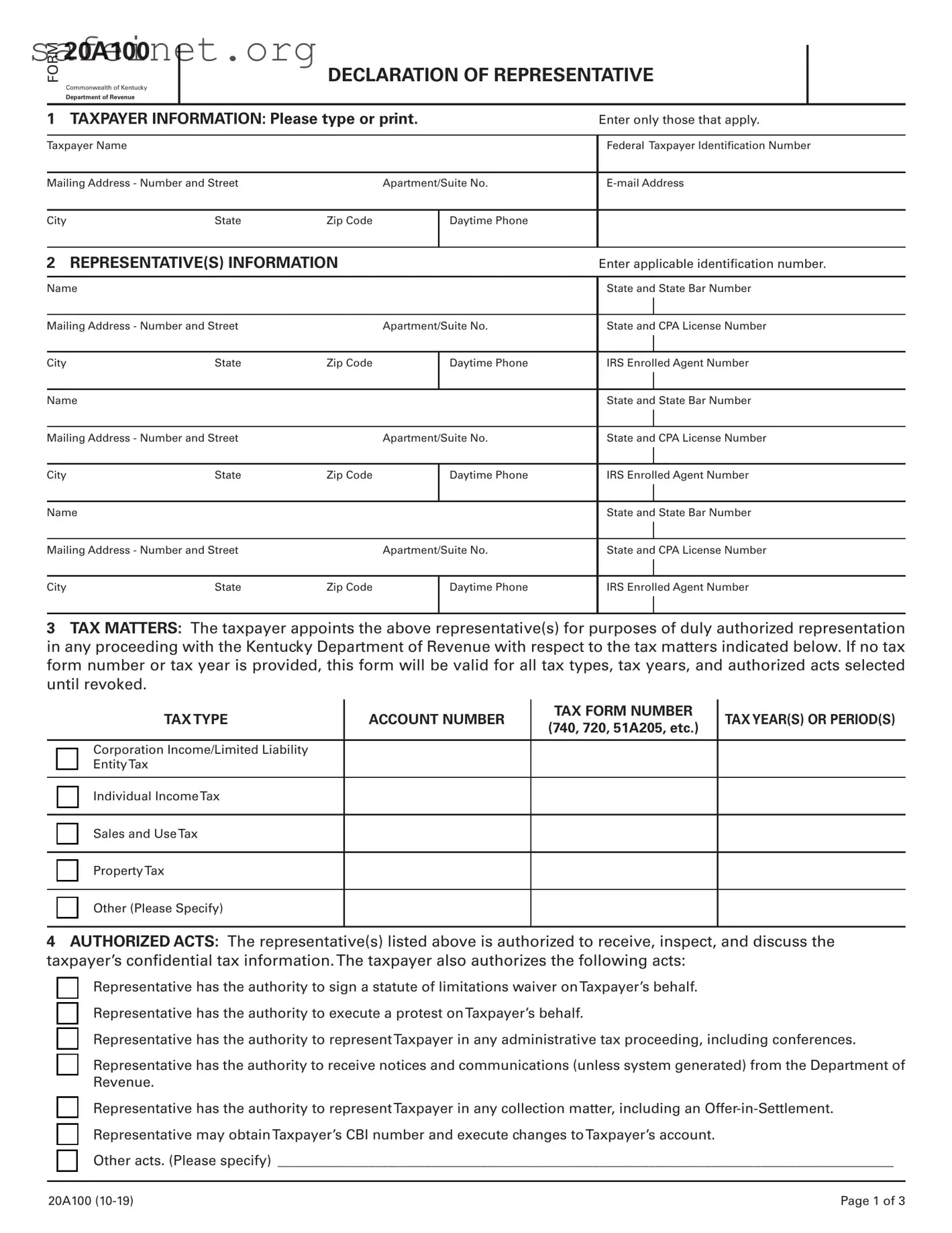 Blank Tax POA form 20a100 Template