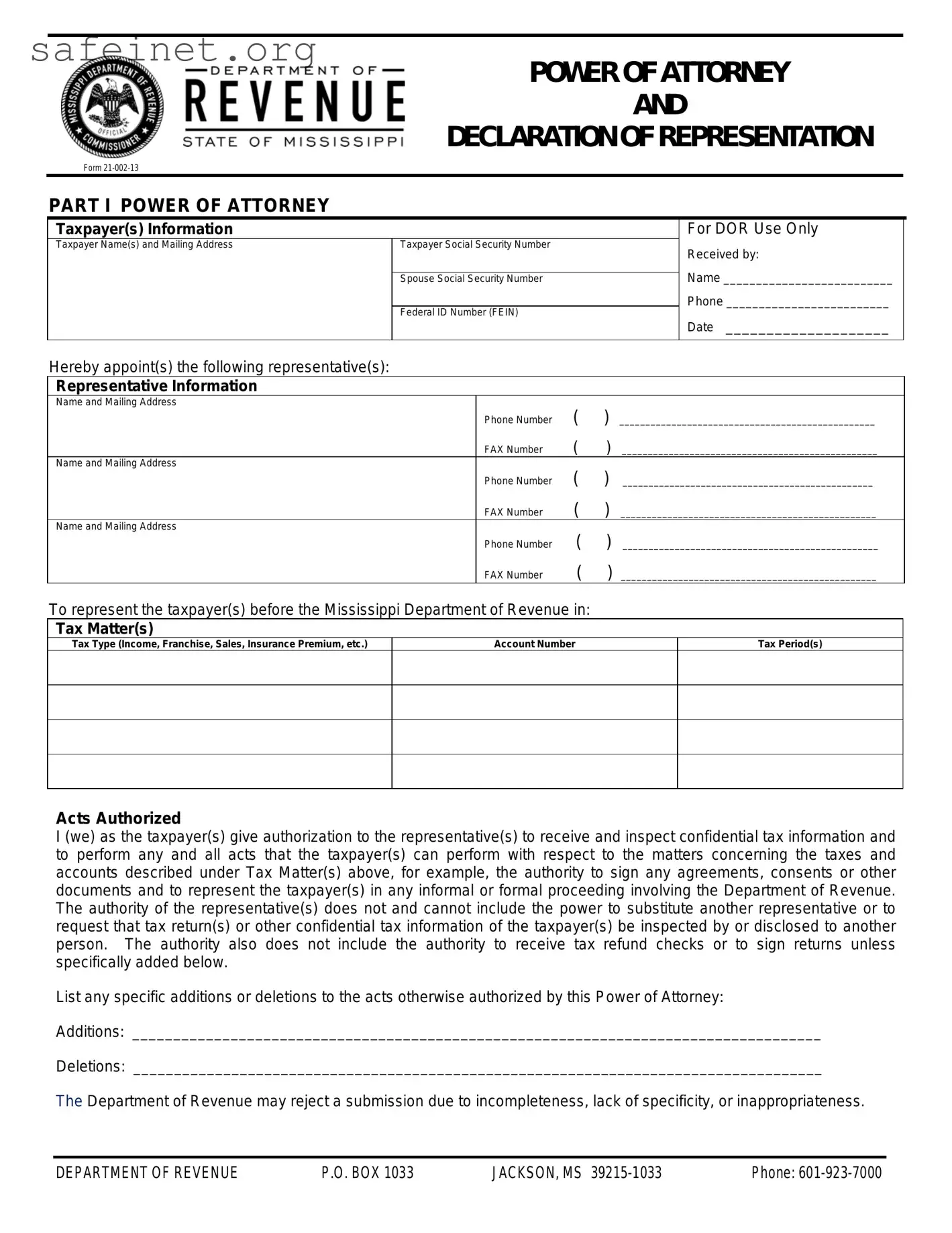 Blank Tax POA form 21-002-13 Template