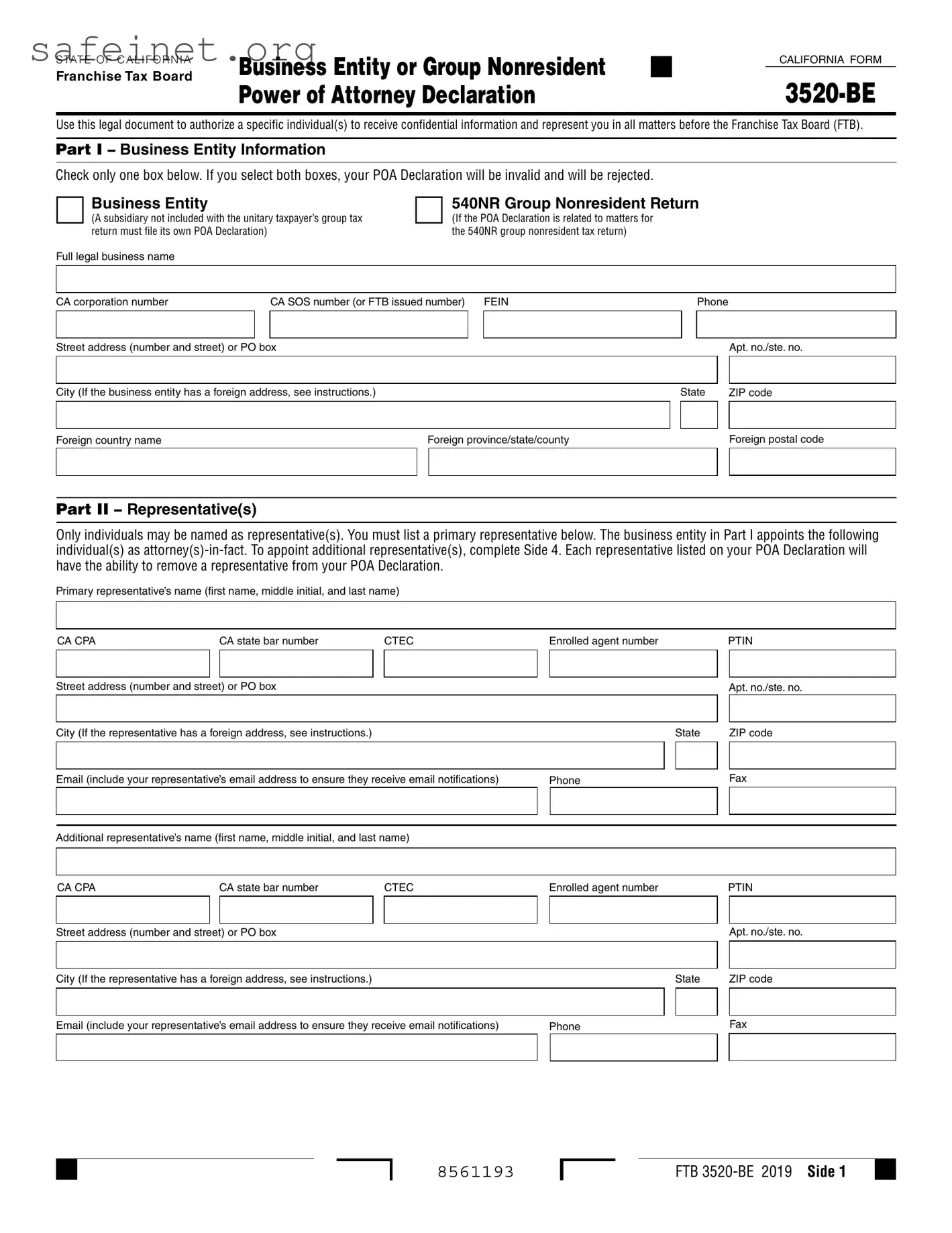 Blank Tax POA form 3520-BE Template