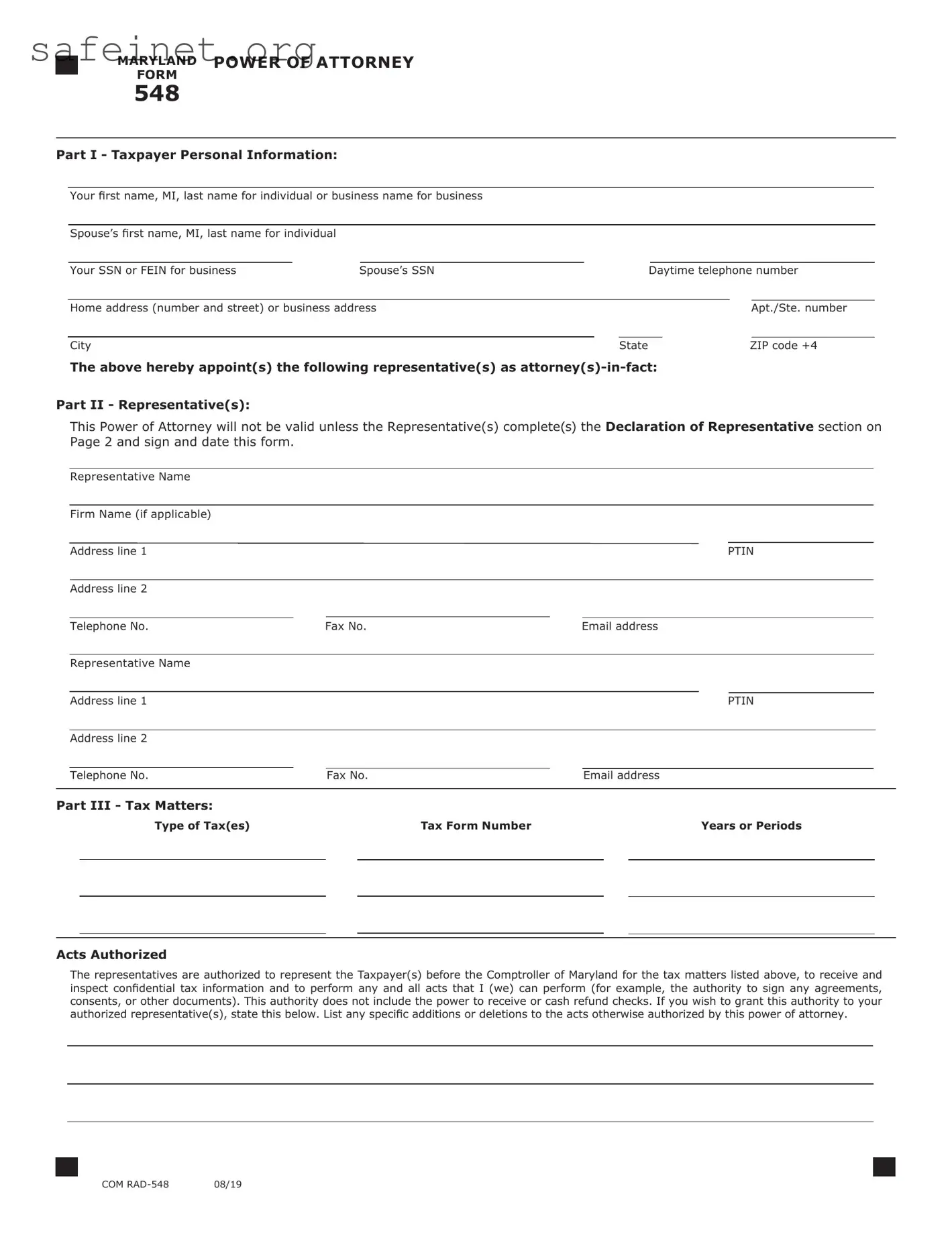Blank Tax POA form 548 Template