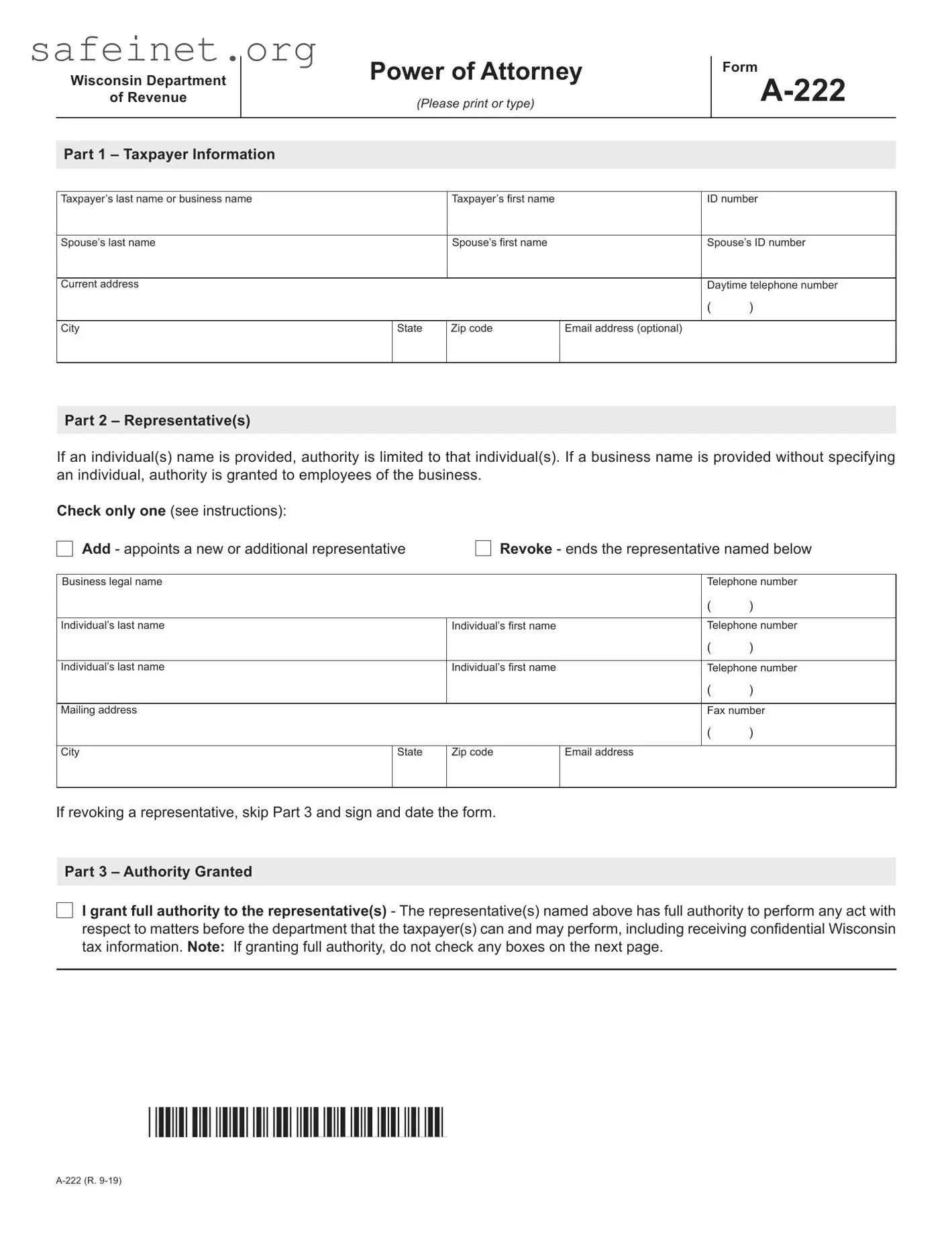 Blank Tax POA form a-222 Template