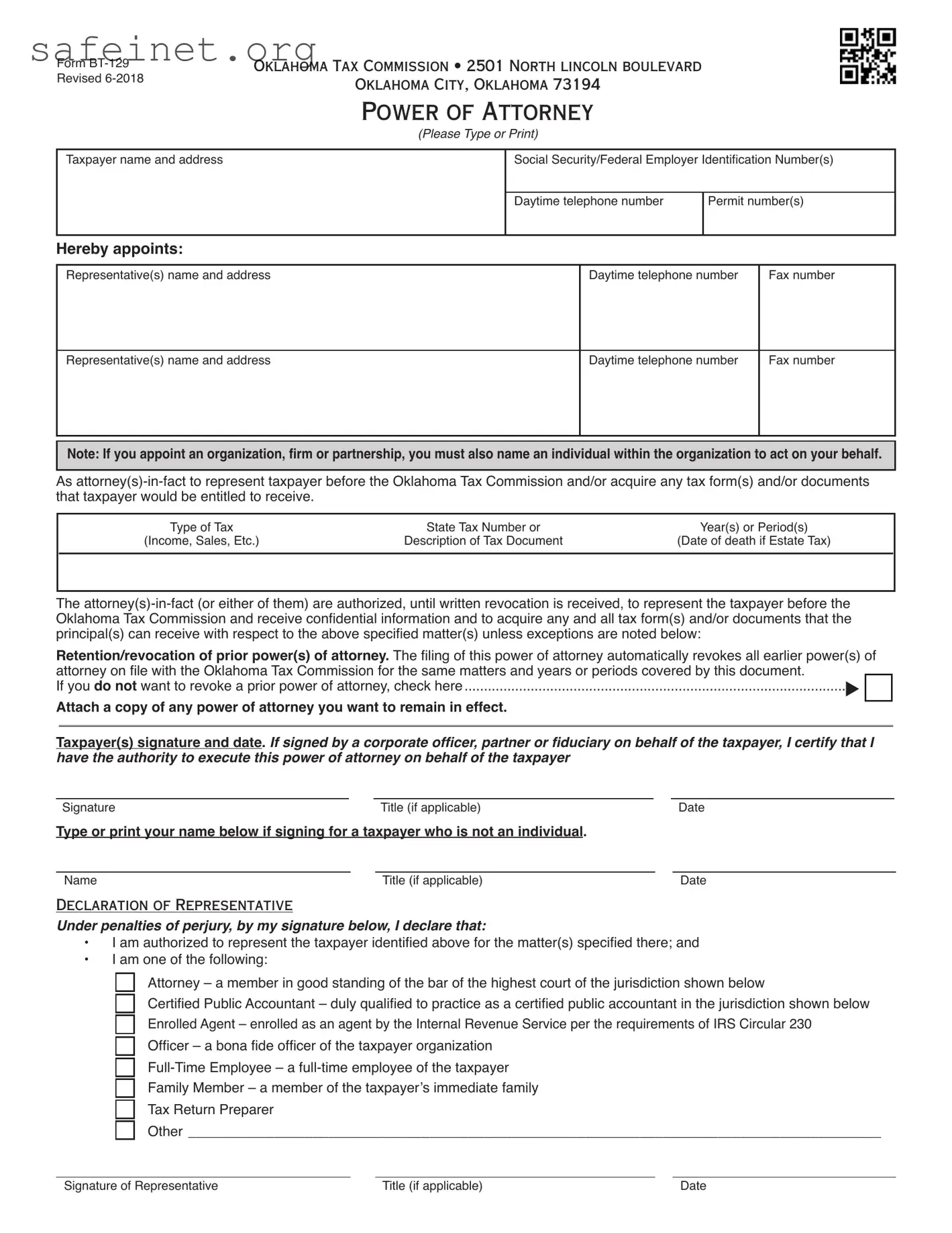 Blank Tax POA form bt-129 Template